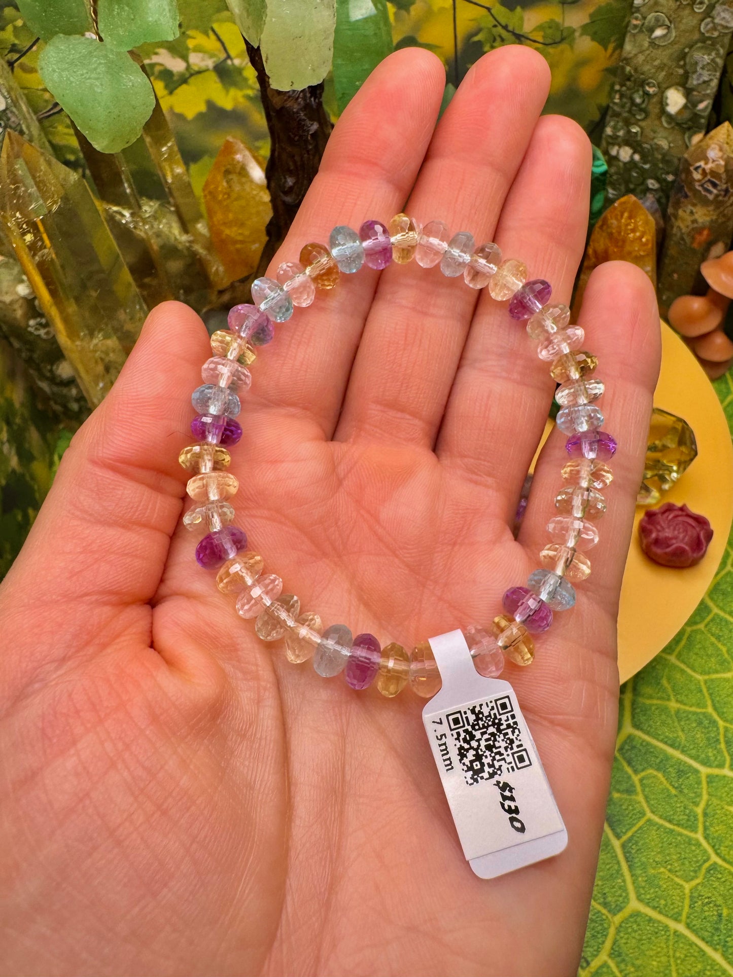 HQ* Aquamarine, Amethyst, Citrine, and Clear Quartz Micro-faceted Rondel Bead Bracelet (7.5+mm)