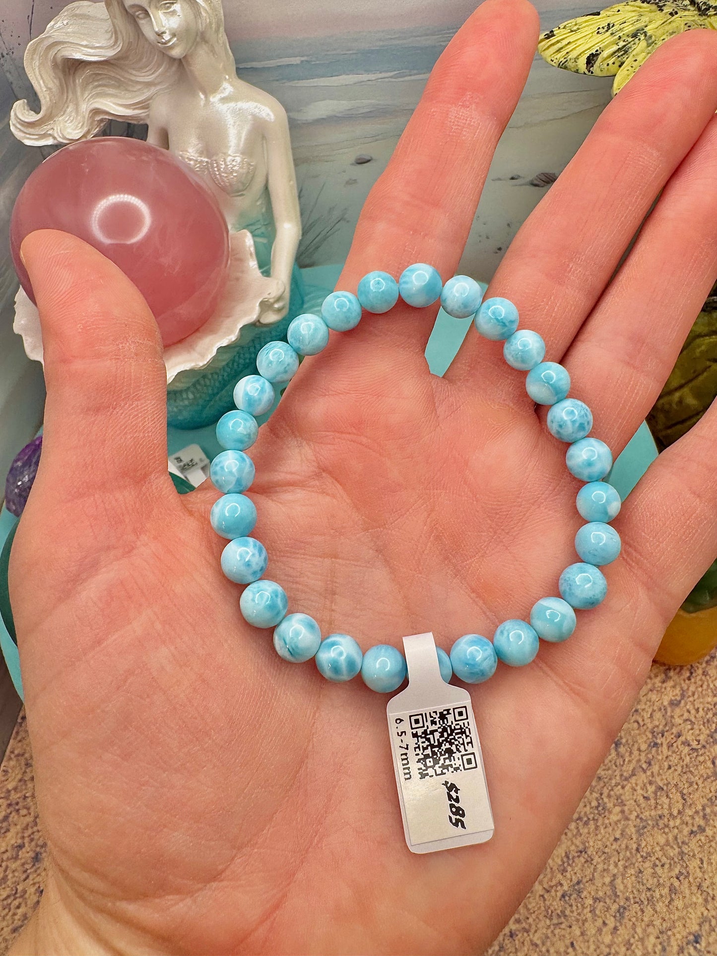 AAA Super Blue Turtle Back Larimar Round Bead Bracelet (6.5-7mm)