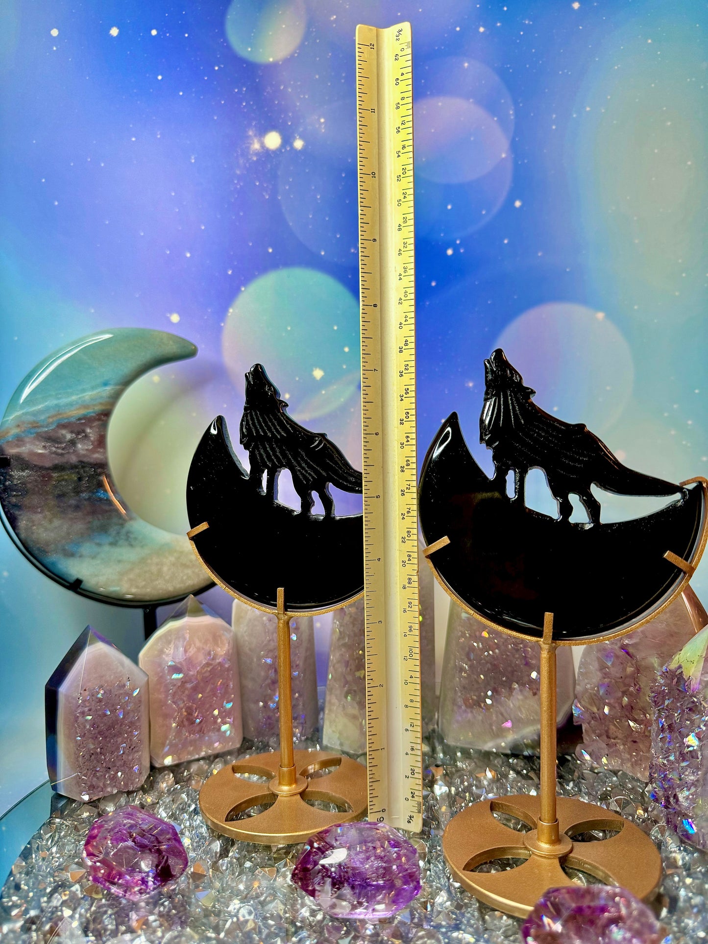 Black Obsidian Wolf Howling on a Crescent 🌙 Moon with Stand