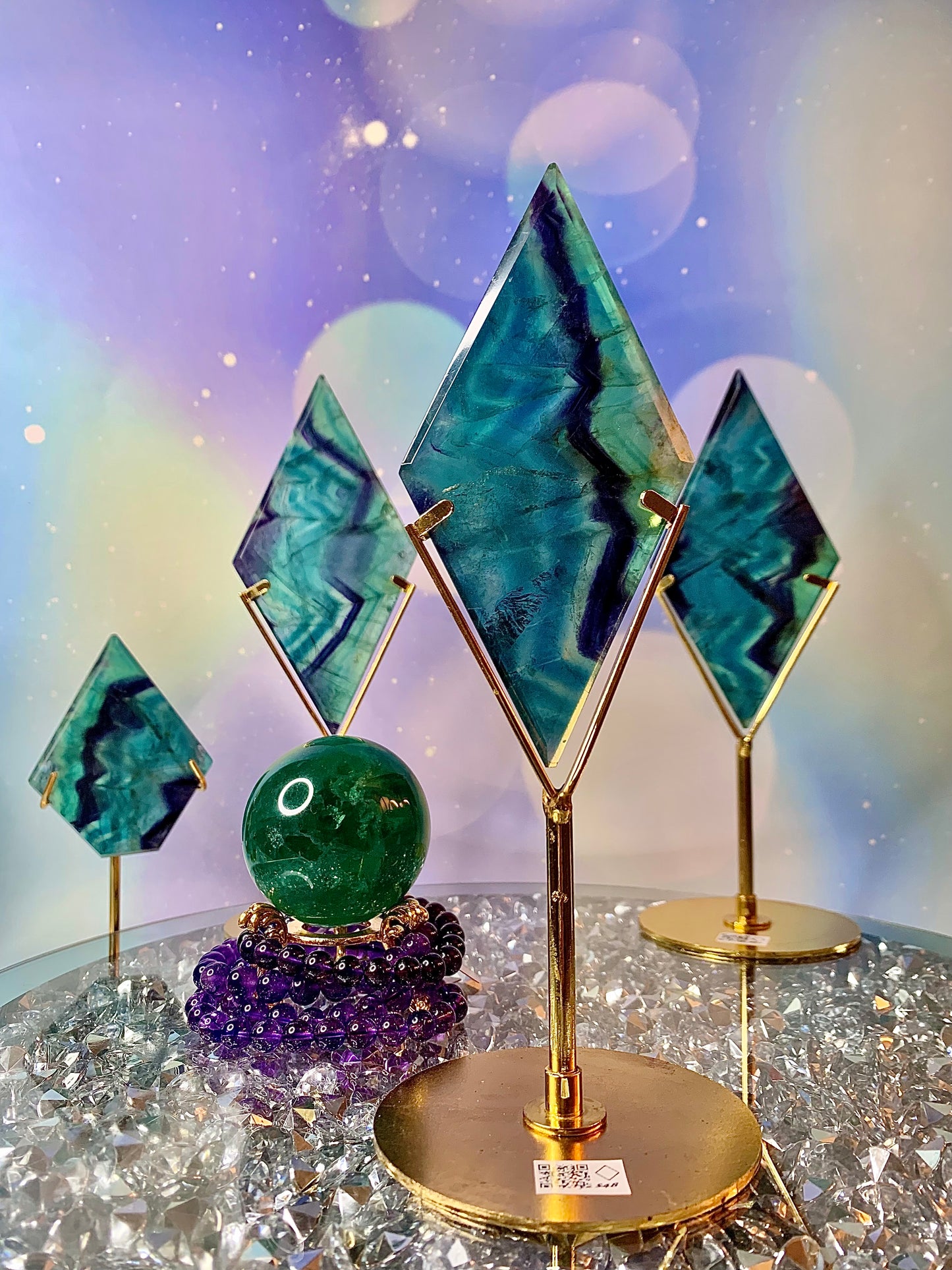 Rainbow Fluorite Diamond ♦️ on Stand (w/natural hole repaired)