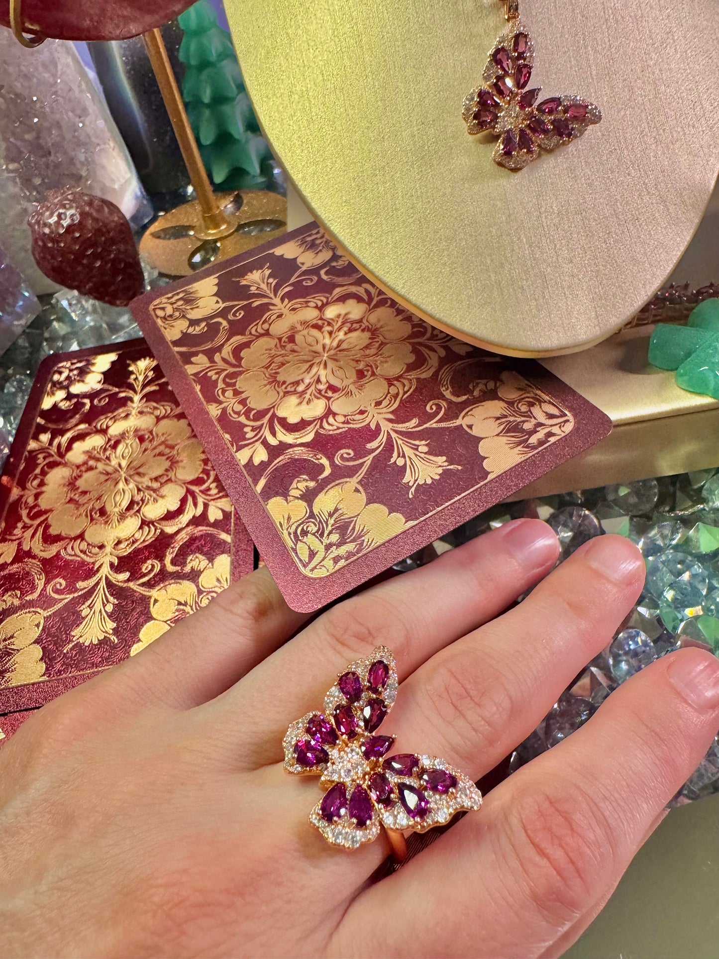 Rhodolite (Purple) Garnet Butterfly Ring in Rose Gold Playing over .925 Silver (Adjustable)