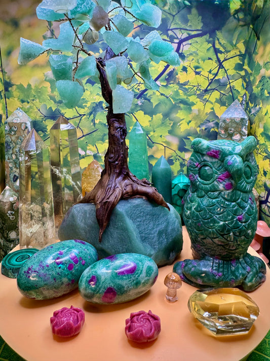 Ruby Fuchsite Owl Carving