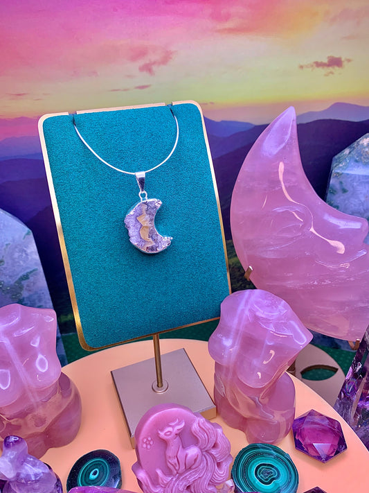 Amethyst Druzy Crescent Moon Pendant (Sterling Silver)