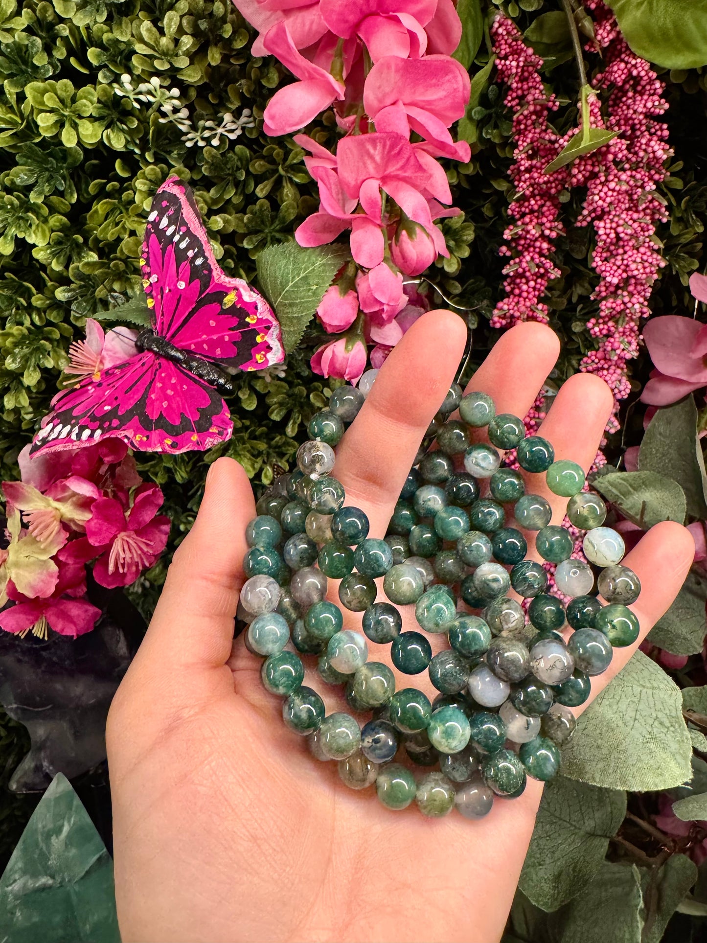 Green Moss Agate Round Bead Bracelet 8mm