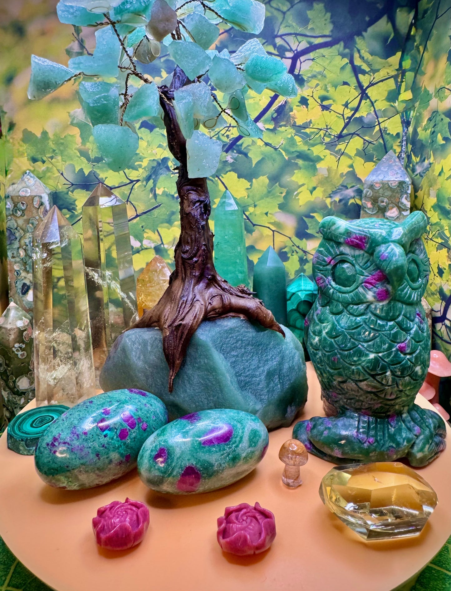 Ruby Fuchsite Owl Carving