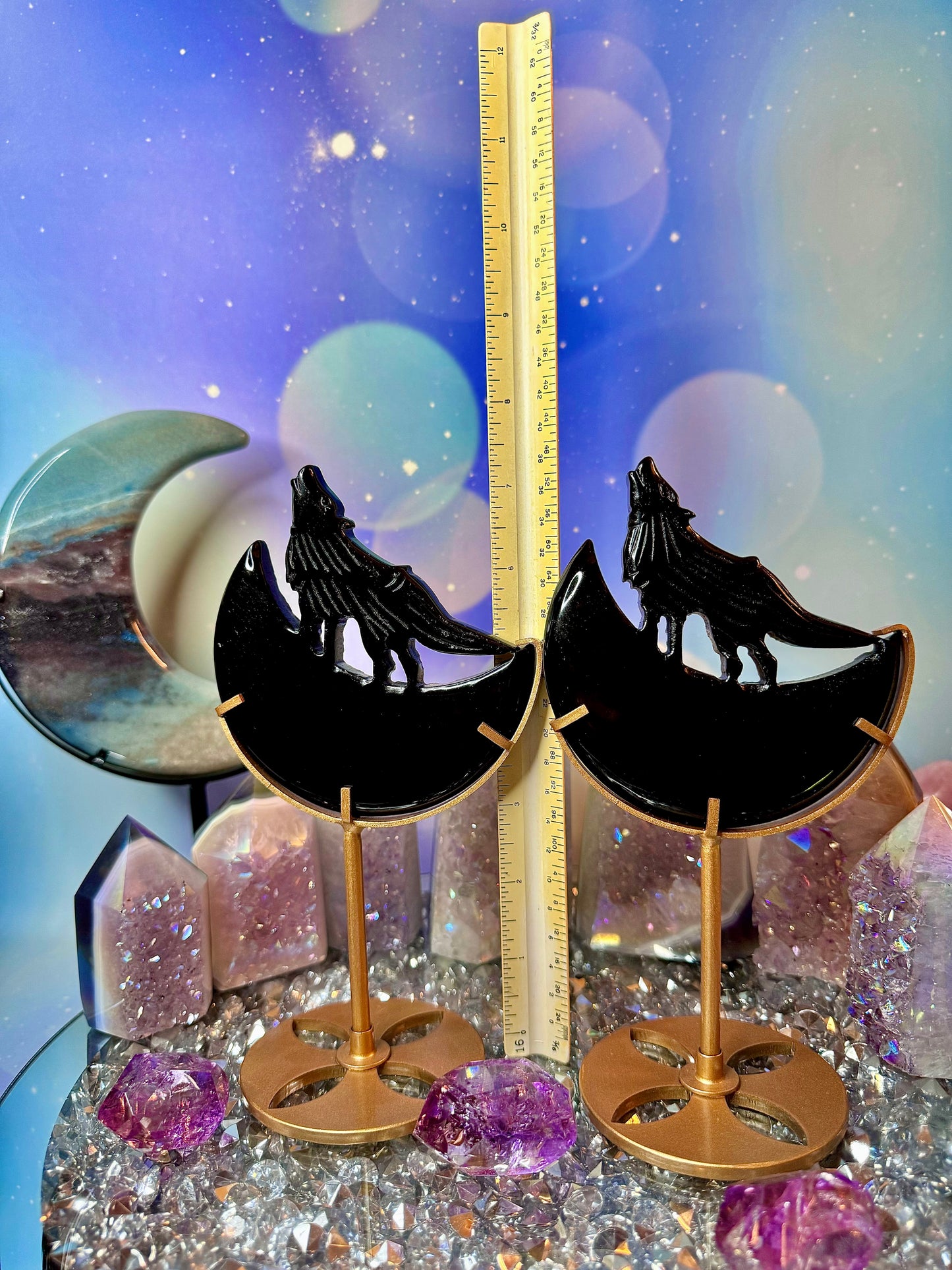 Black Obsidian Wolf Howling on a Crescent 🌙 Moon with Stand