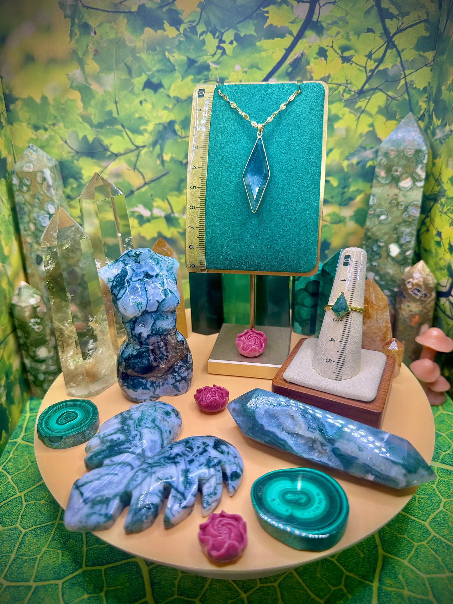 Green Moss Agate Pendant & Ring (Kite Shape) Gold