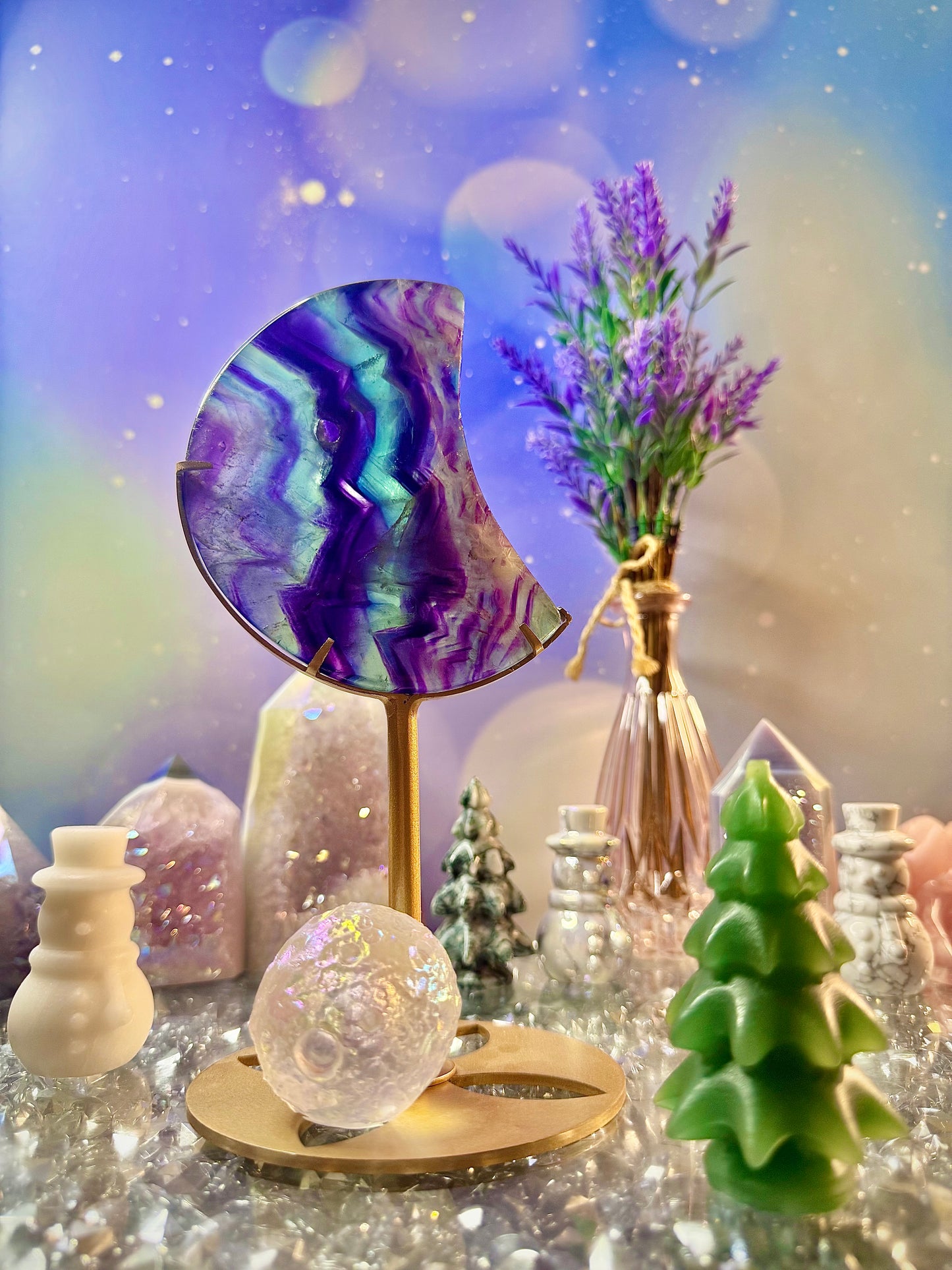 *Rainbow 🌈 Fluorite Crescent Moon 🌙 on Stand