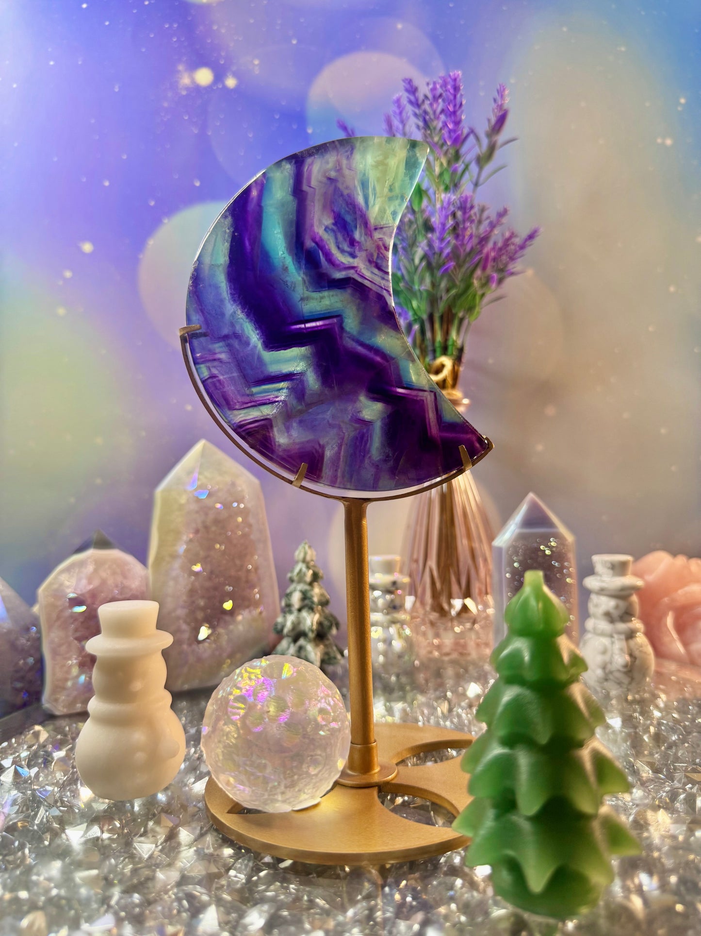 Rainbow 🌈 Fluorite Crescent Moon 🌙 on Stand