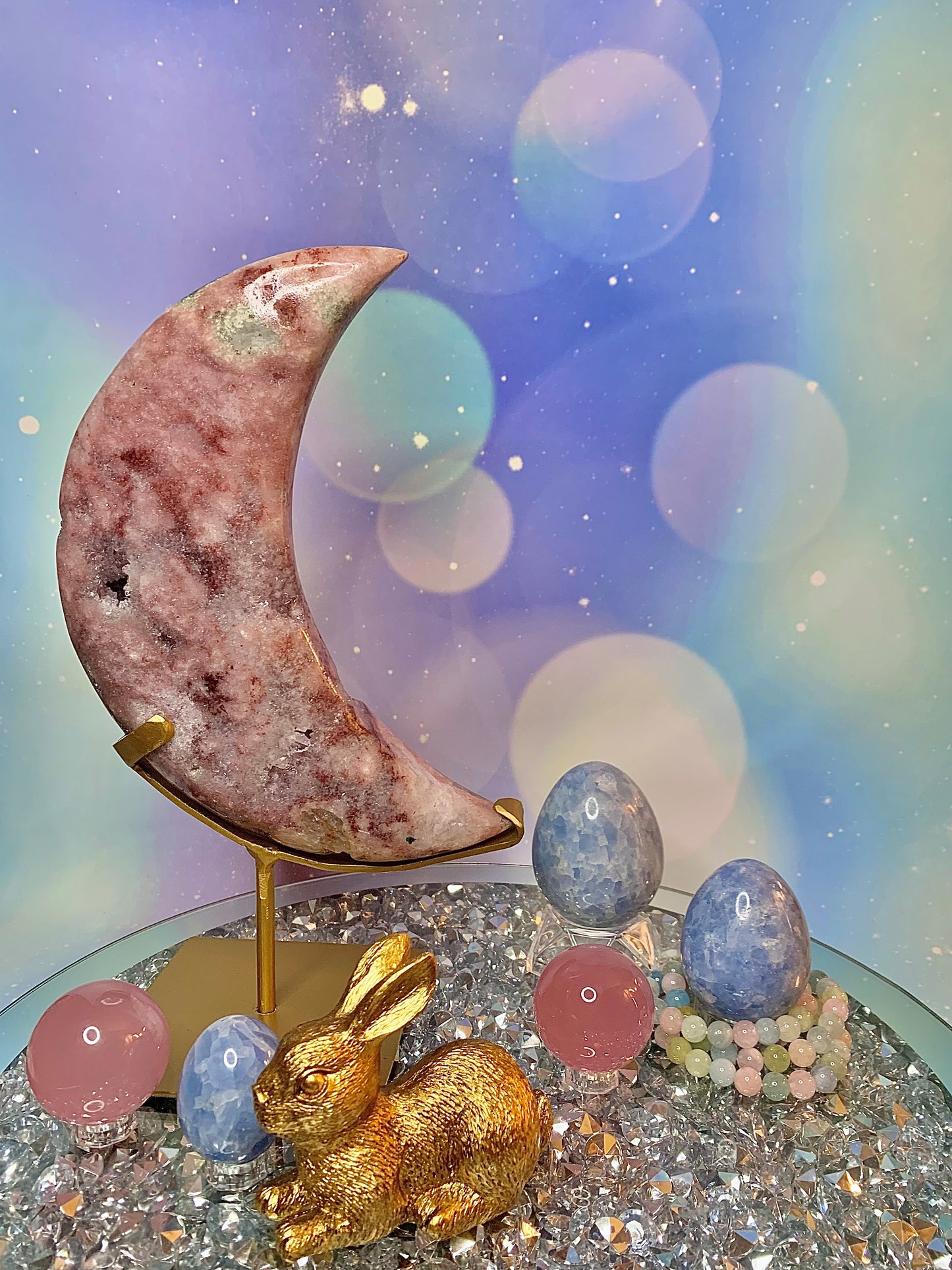 Brazilian Pink Amethyst with Green Jasper Crescent 🌙 Moon On Stand