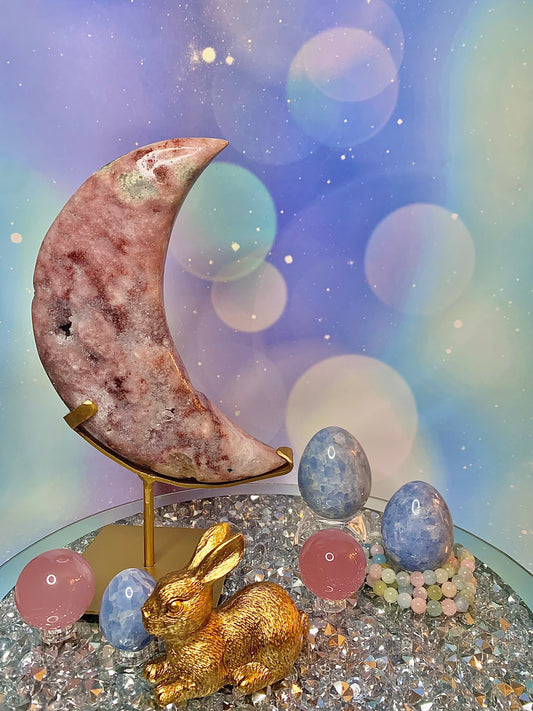 Brazilian Pink Amethyst with Green Jasper Crescent 🌙 Moon On Stand