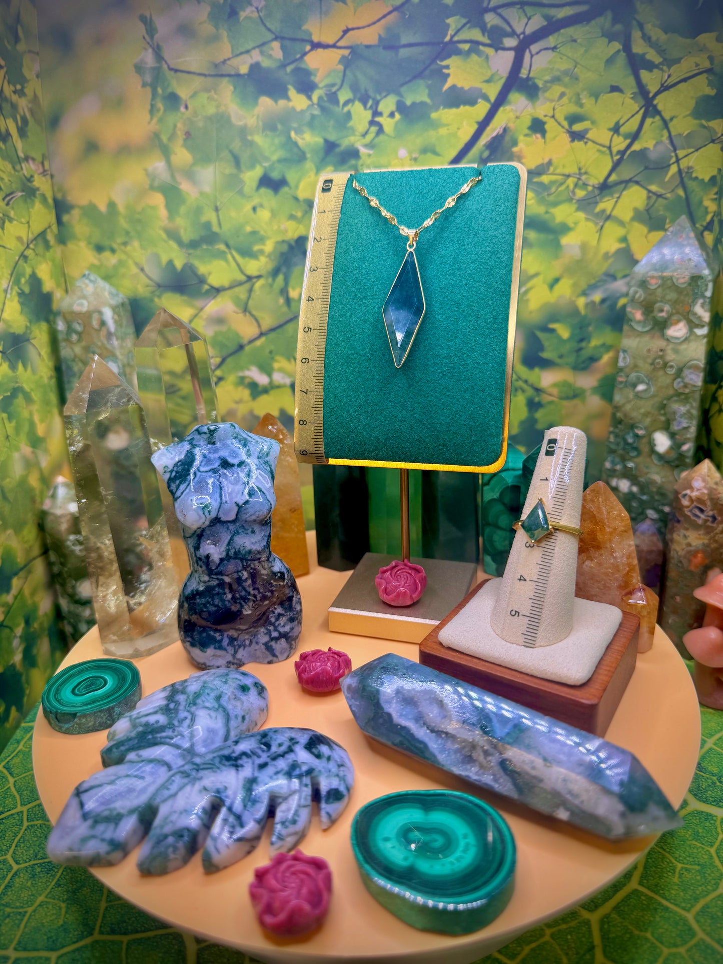 Green Moss Agate Pendant & Ring (Kite Shape) Gold