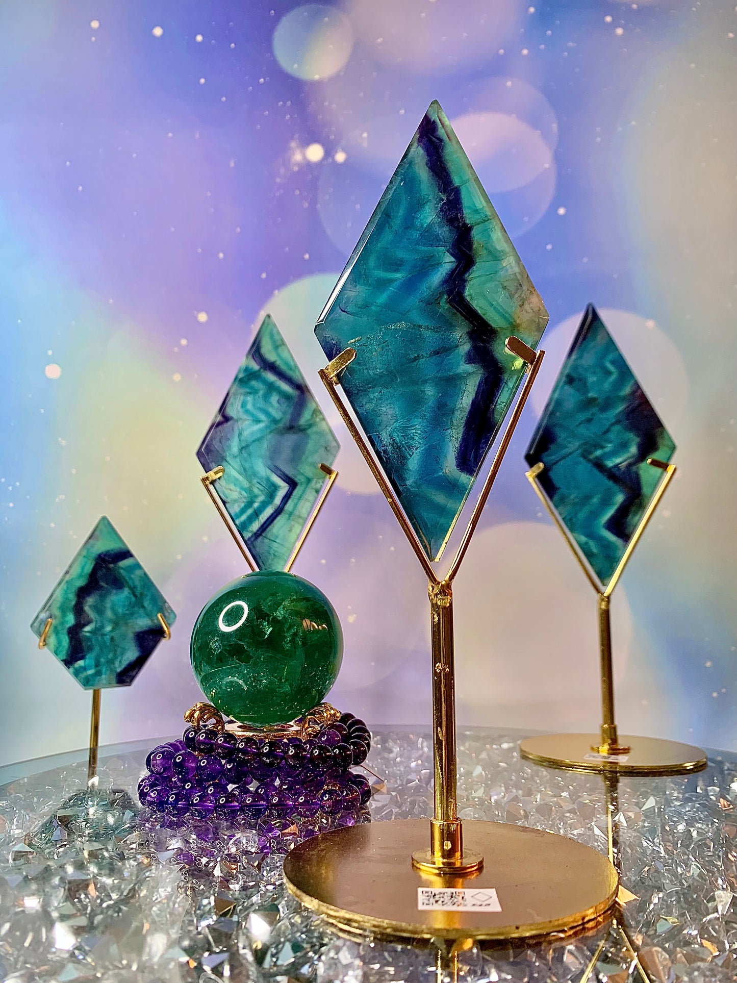 Rainbow Fluorite Diamond ♦️ on Stand (w/natural hole repaired)