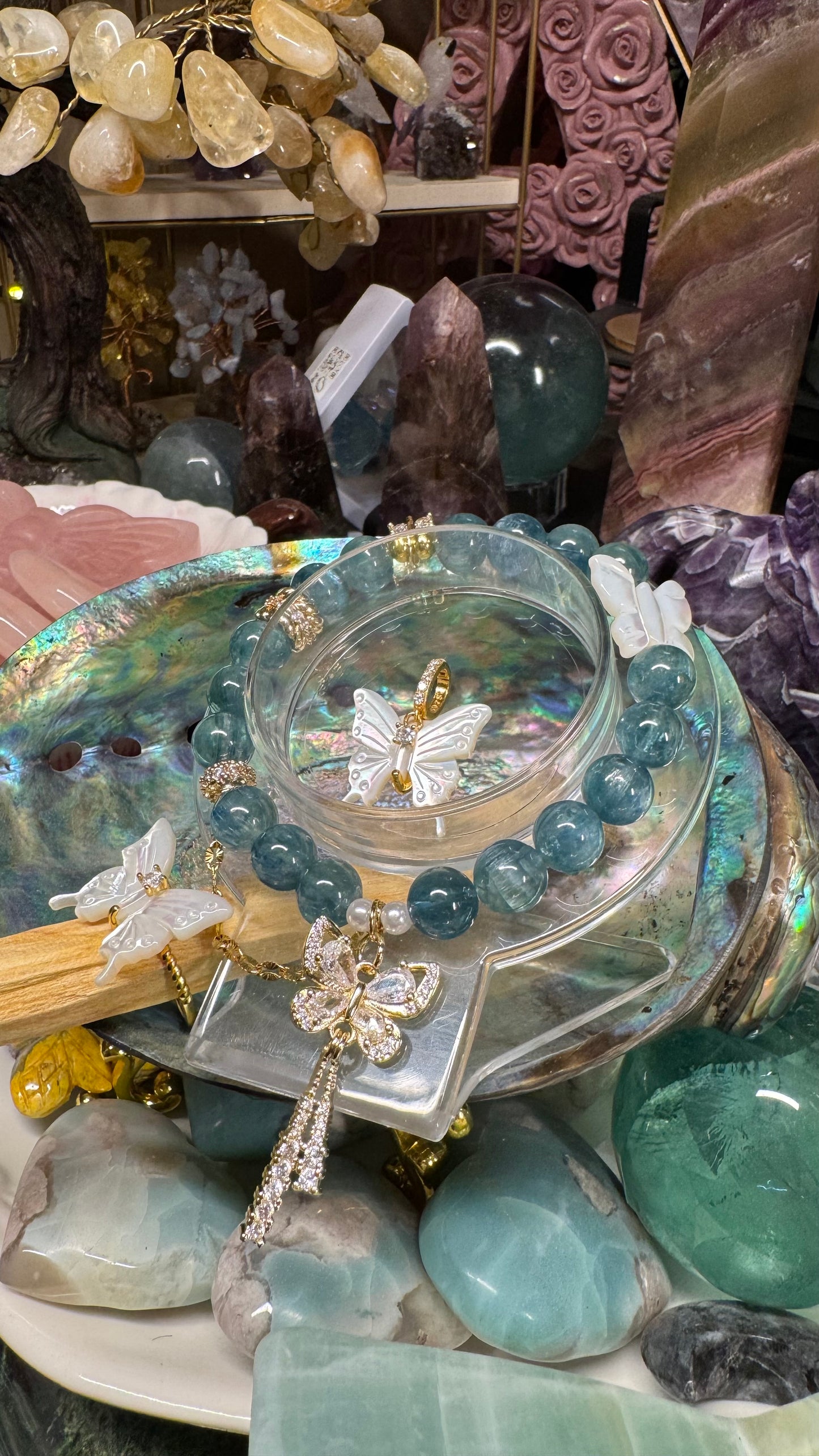 Green/Blue Kyanite 10mm Bracelet with Gold Accents and Butterfly 🦋 Charms in a Set With Mother of Pearl Butterfly 🦋 Ring and Pendant