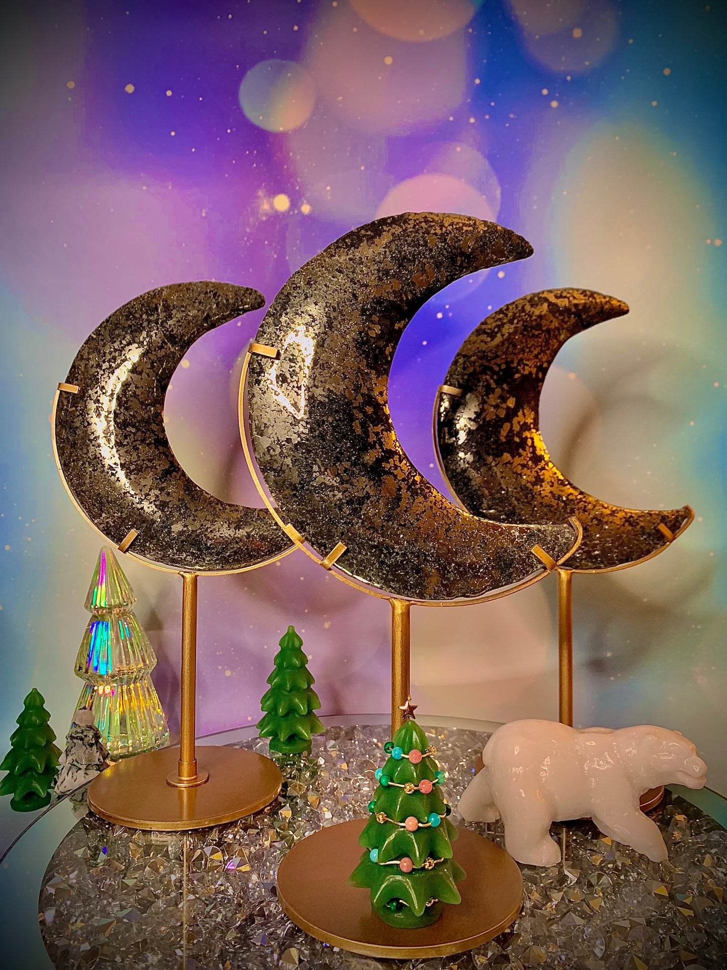 Pyrite Crescent 🌙 Moon in Quartz on Stand