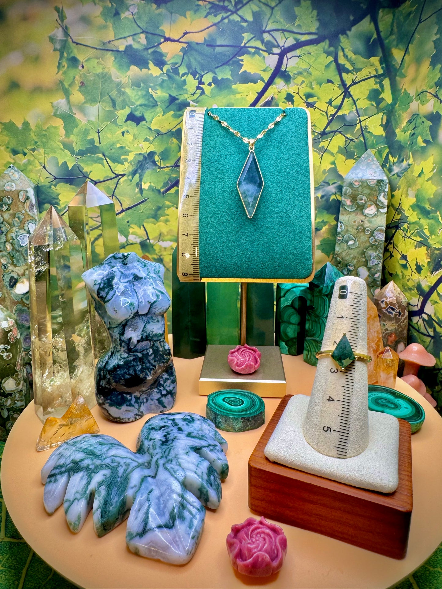 Green Moss Agate Pendant & Ring (Kite Shape) Gold