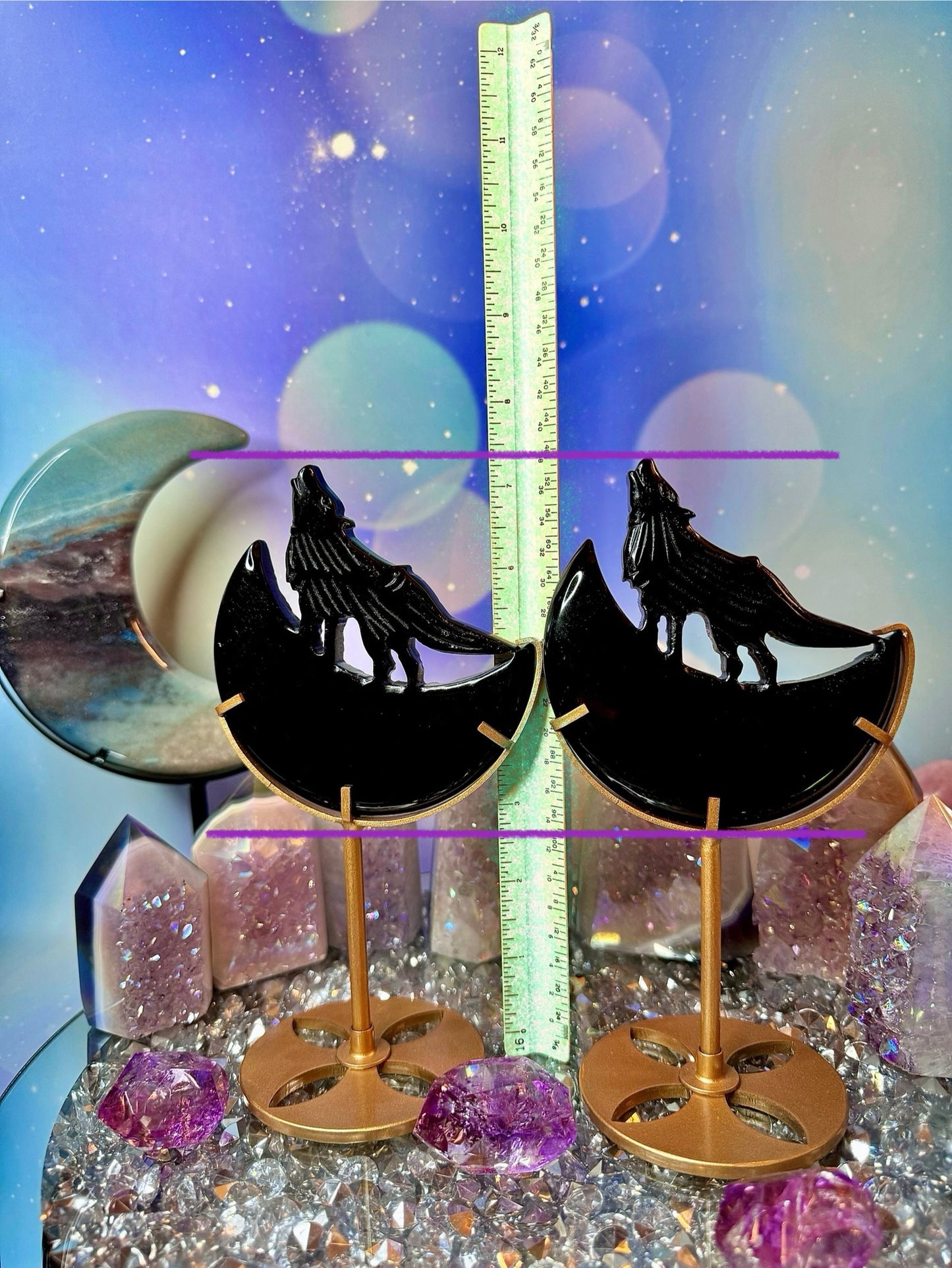 Black Obsidian Wolf Howling on a Crescent 🌙 Moon with Stand