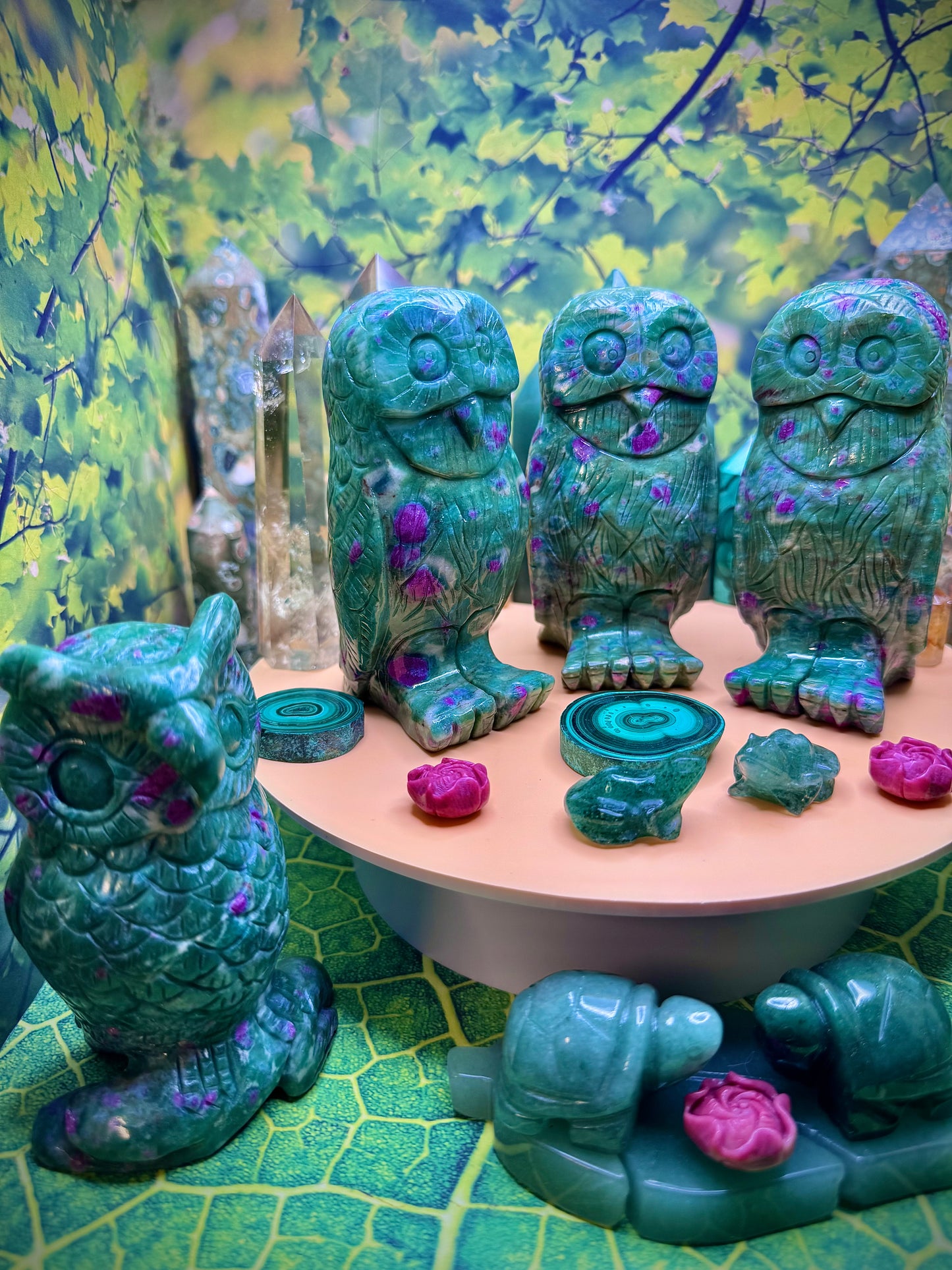 Ruby Fuchsite Owl Carving