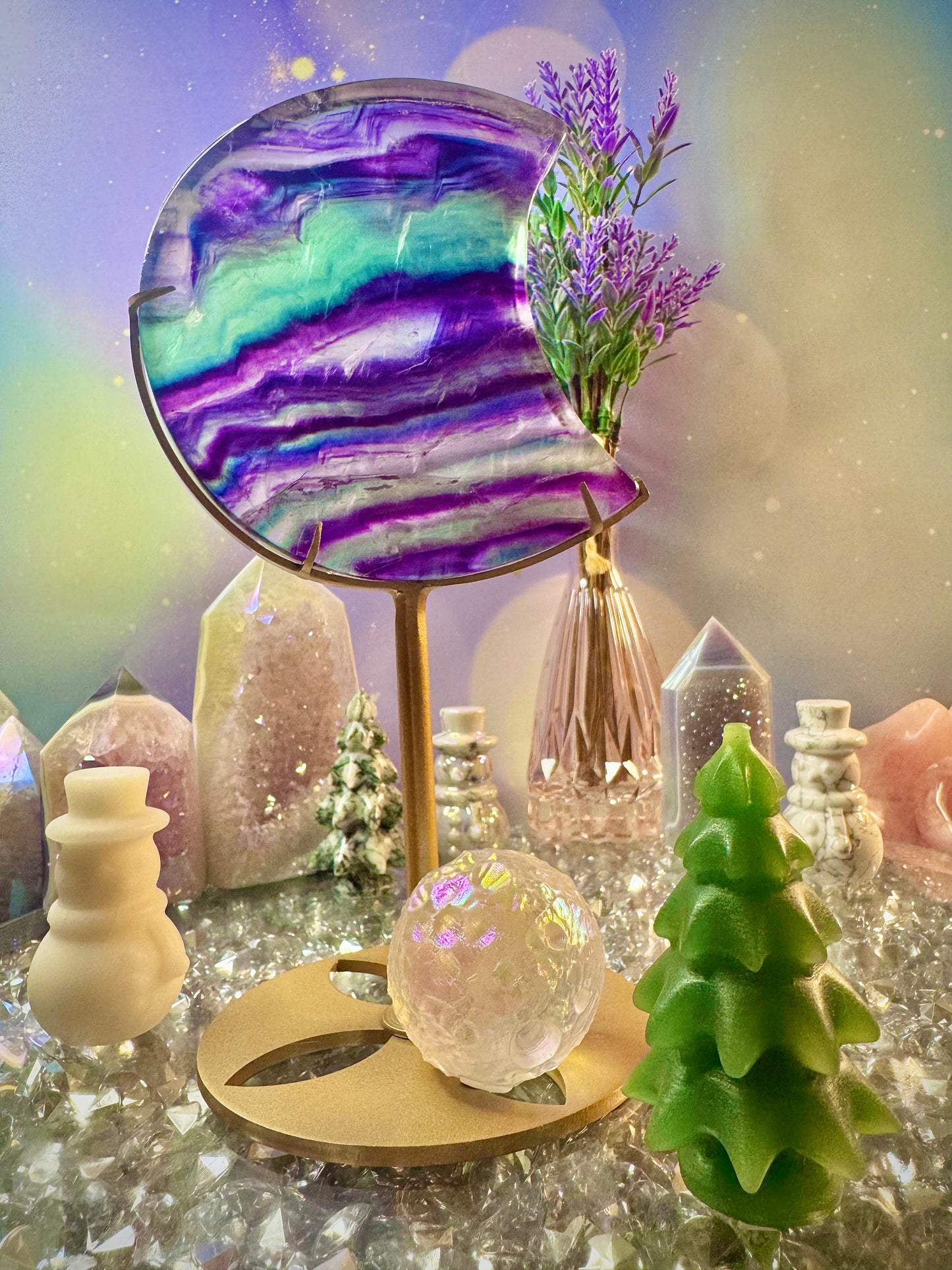 Rainbow 🌈 Fluorite Crescent Moon 🌙 on Stand