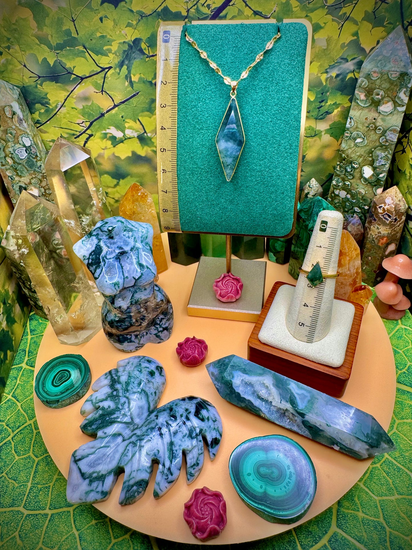 Green Moss Agate Pendant & Ring (Kite Shape) Gold