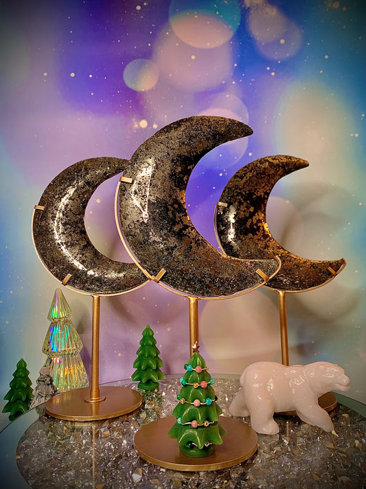 Pyrite Crescent 🌙 Moon in Quartz on Stand