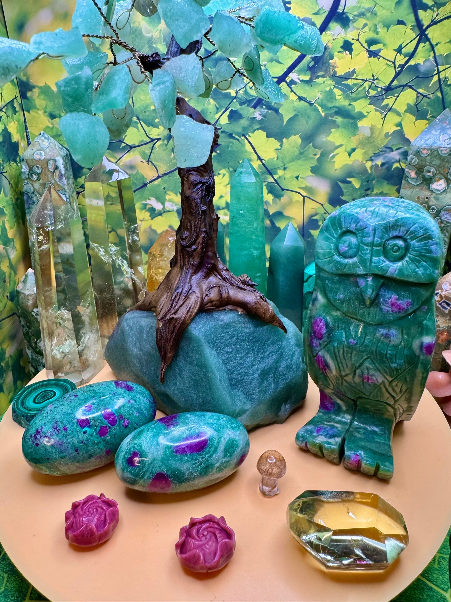 Ruby Fuchsite Owl Carving