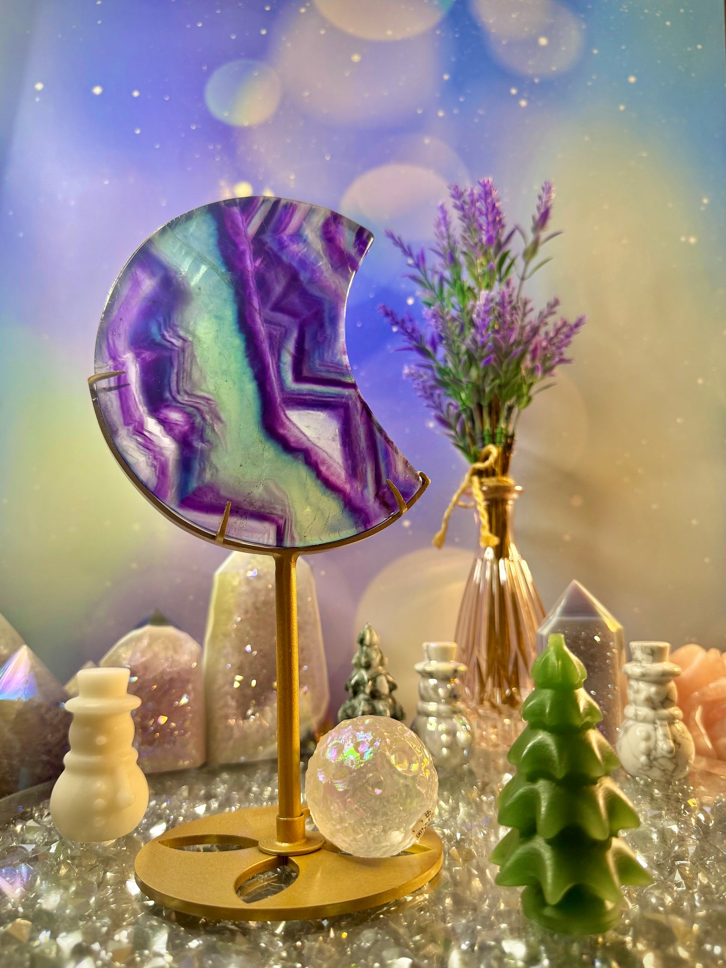 Rainbow 🌈 Fluorite Crescent Moon 🌙 on Stand