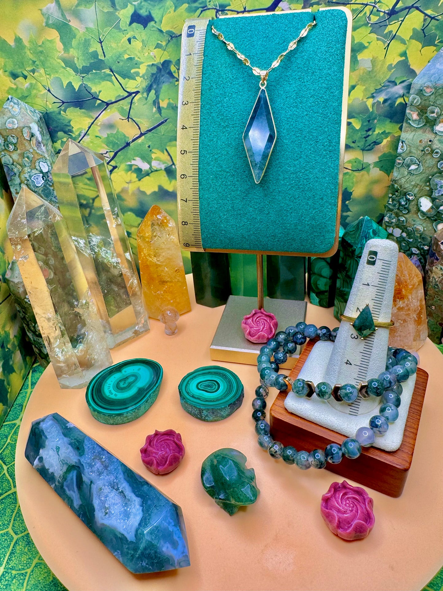 Green Moss Agate Pendant & Ring (Kite Shape) Gold