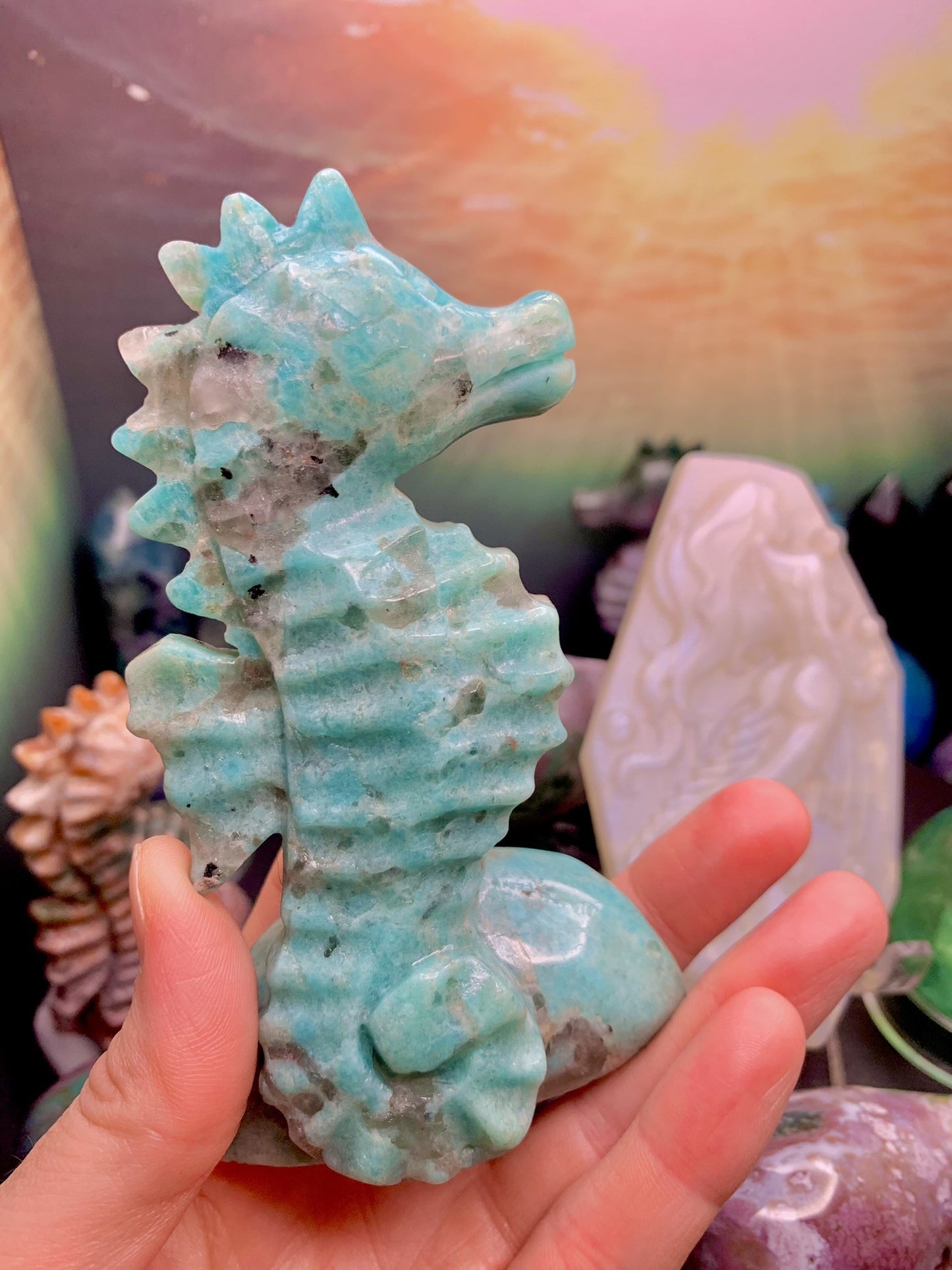 Amazonite & Smoky Quartz Seahorse Carving