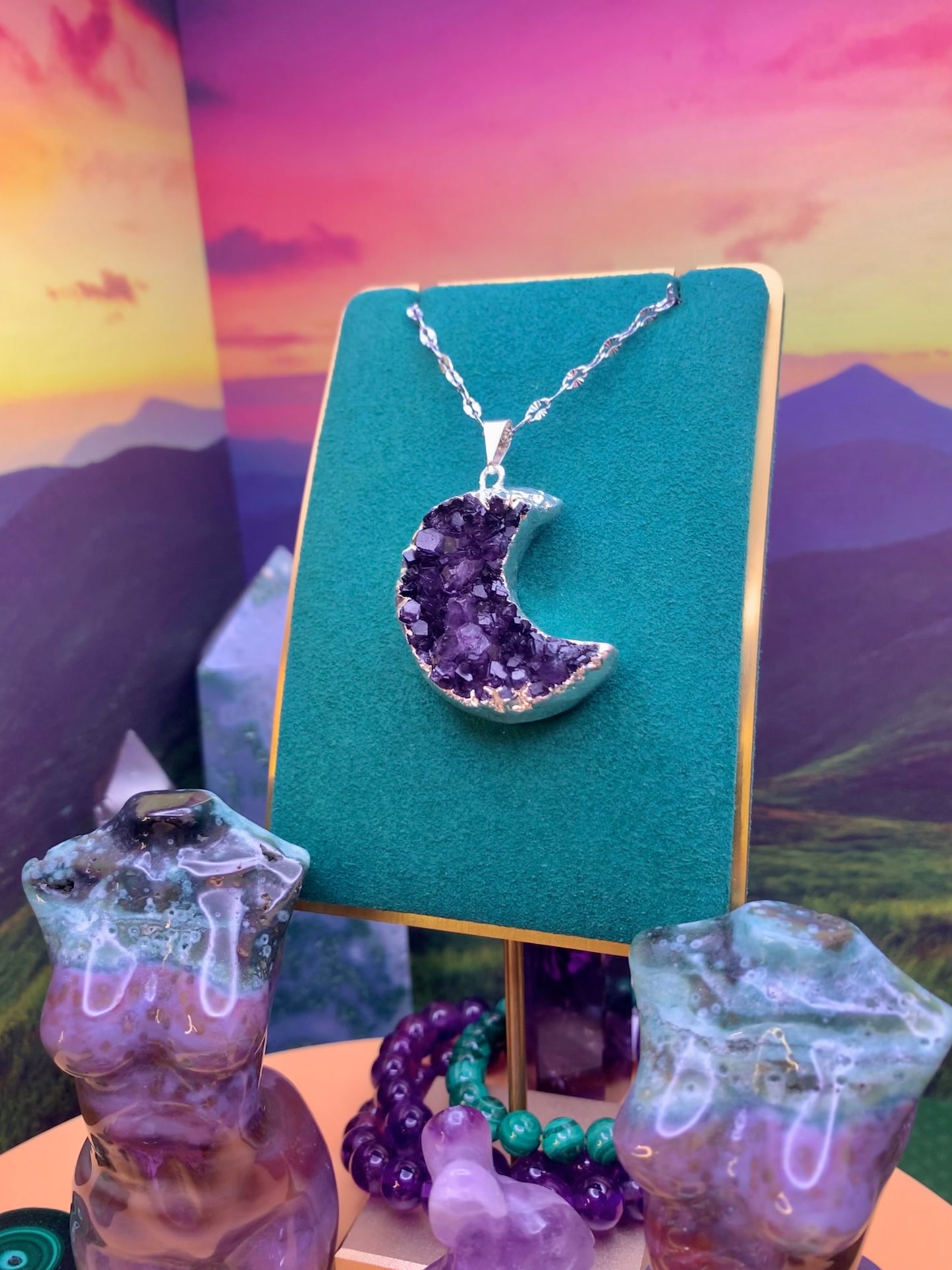 Druzy Amethyst Moon Pendant set in Sterling Silver