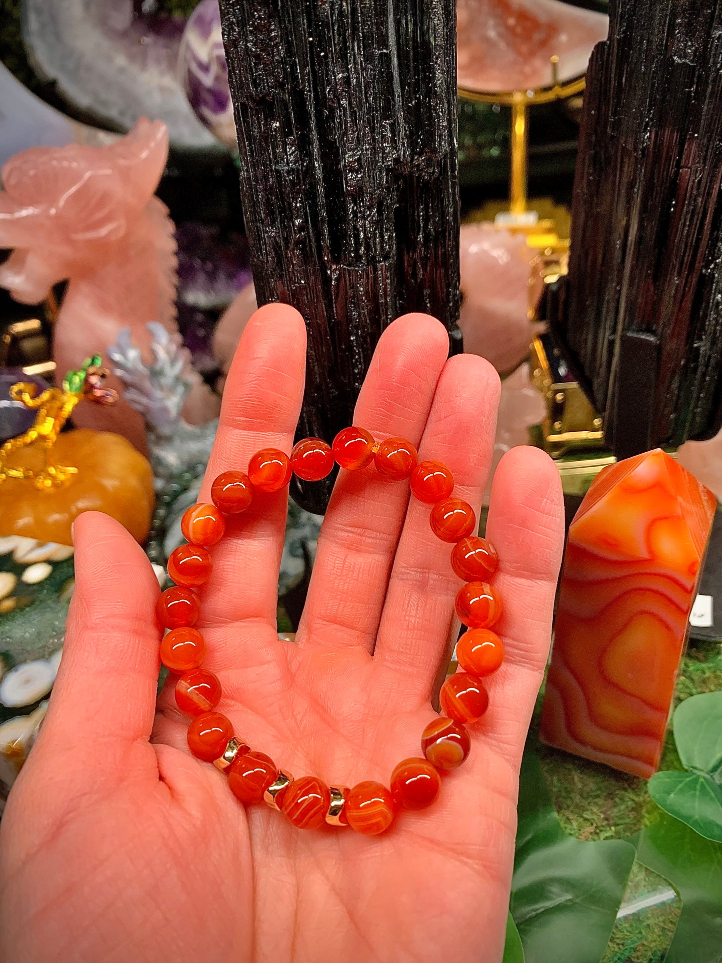 Carnelian Round Bead Bracelet 7-8mm with (3) Hematite Spacers