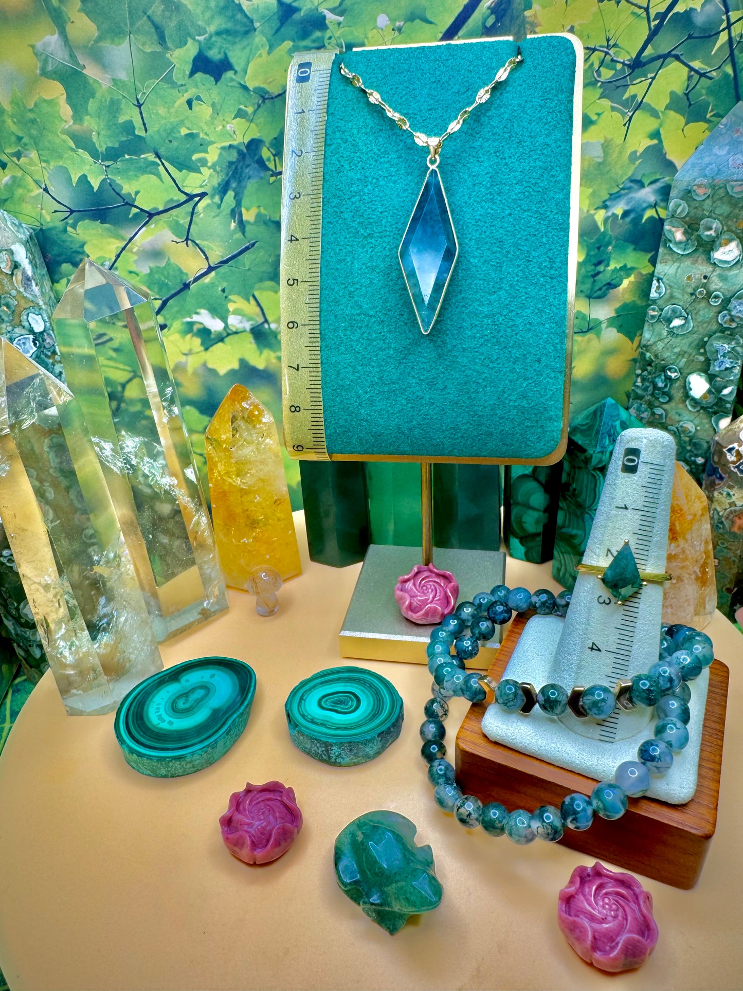Green Moss Agate Pendant & Ring (Kite Shape) Gold