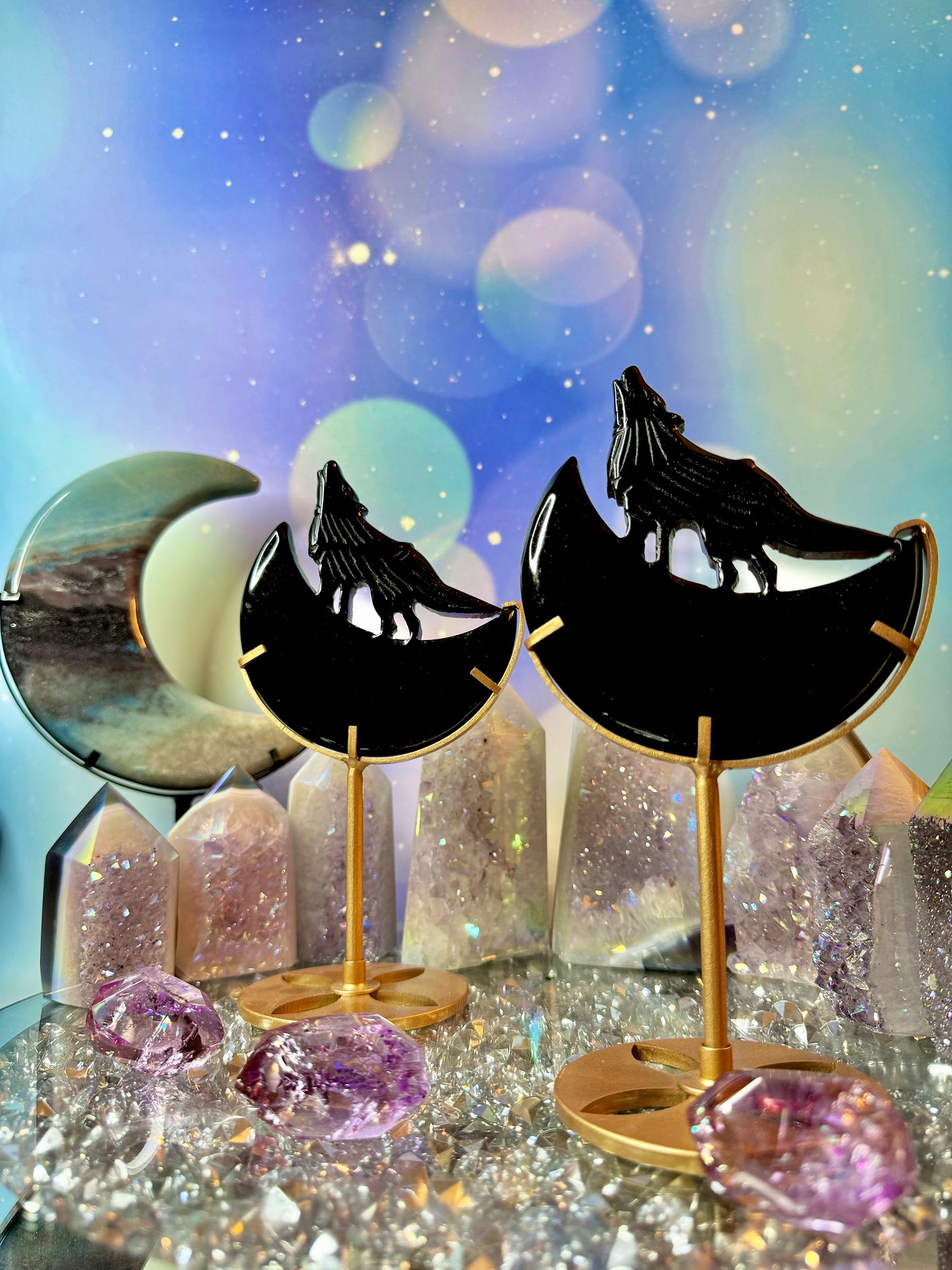 Black Obsidian Wolf Howling on a Crescent 🌙 Moon with Stand