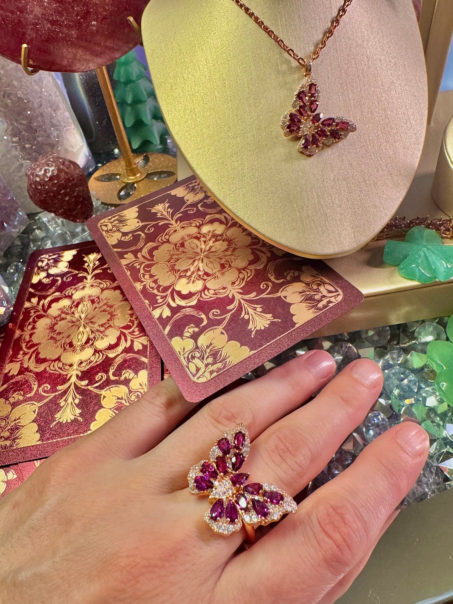 Rhodolite (Purple) Garnet Butterfly Ring in Rose Gold Playing over .925 Silver (Adjustable)