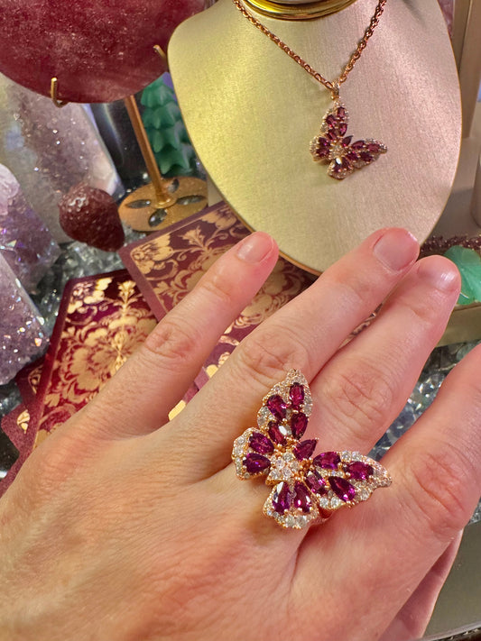 Rhodolite (Purple) Garnet Butterfly Ring in Rose Gold Playing over .925 Silver (Adjustable)