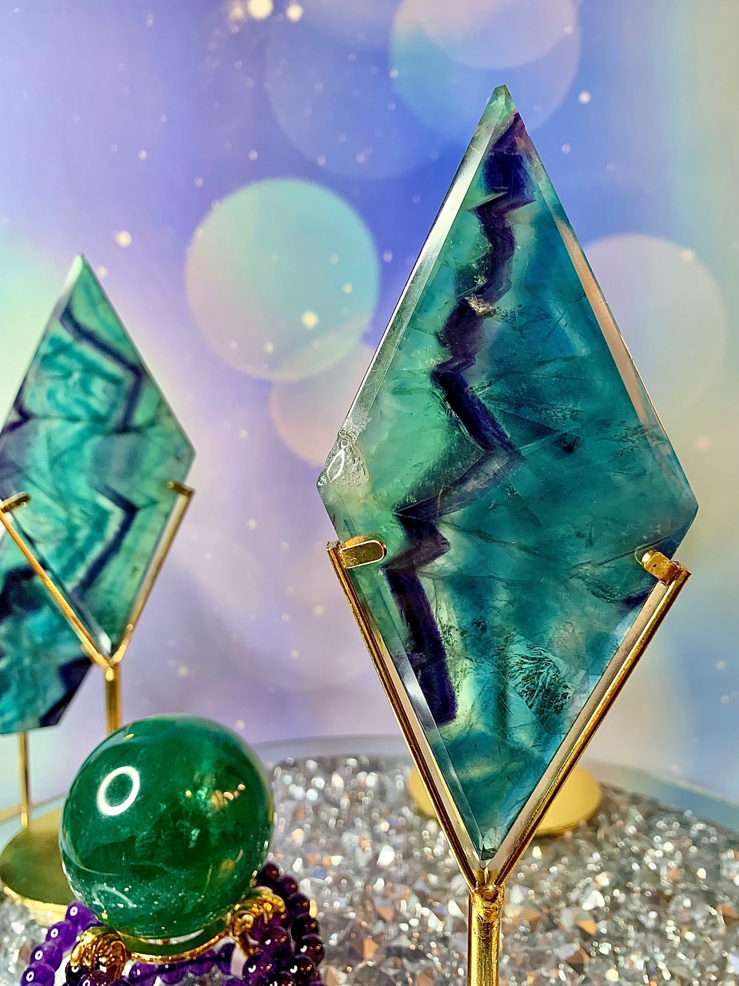 Rainbow Fluorite Diamond ♦️ on Stand (w/natural hole repaired)