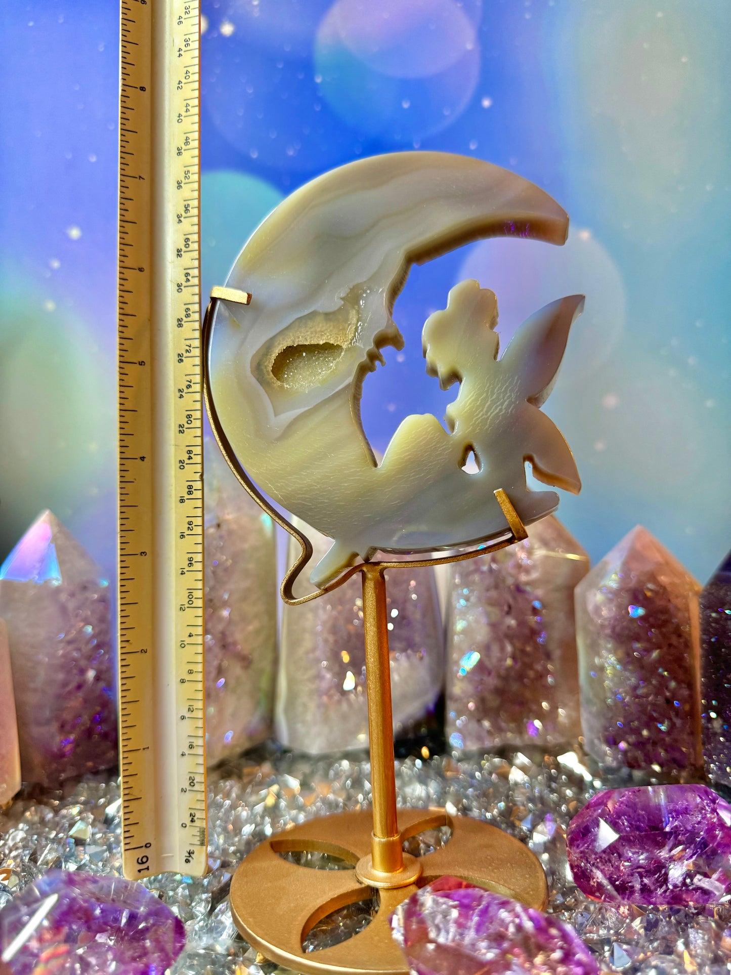 Agate Fairy 🧚 on Crescent 🌙 Moon with Stand