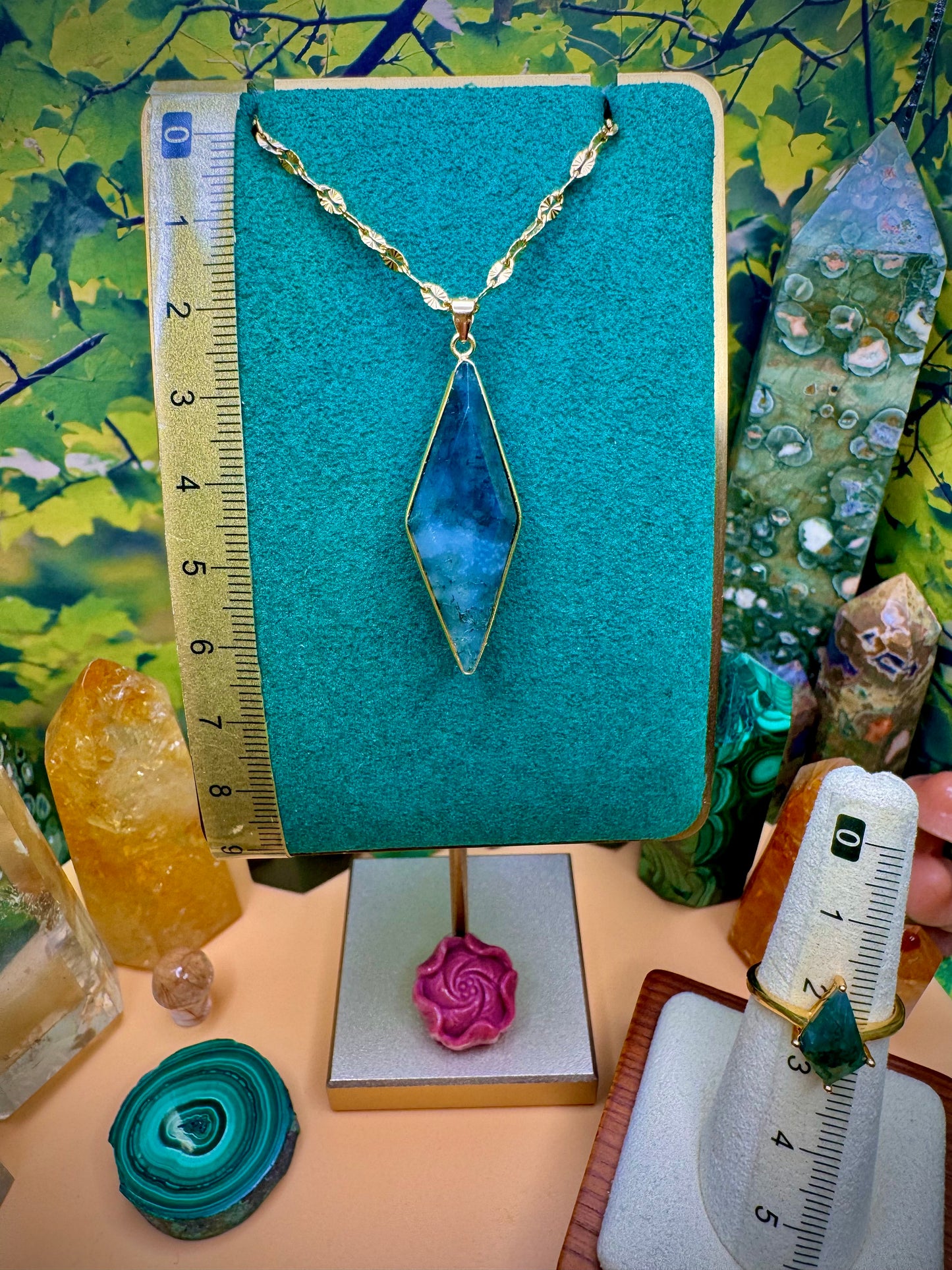 Green Moss Agate Pendant & Ring (Kite Shape) Gold