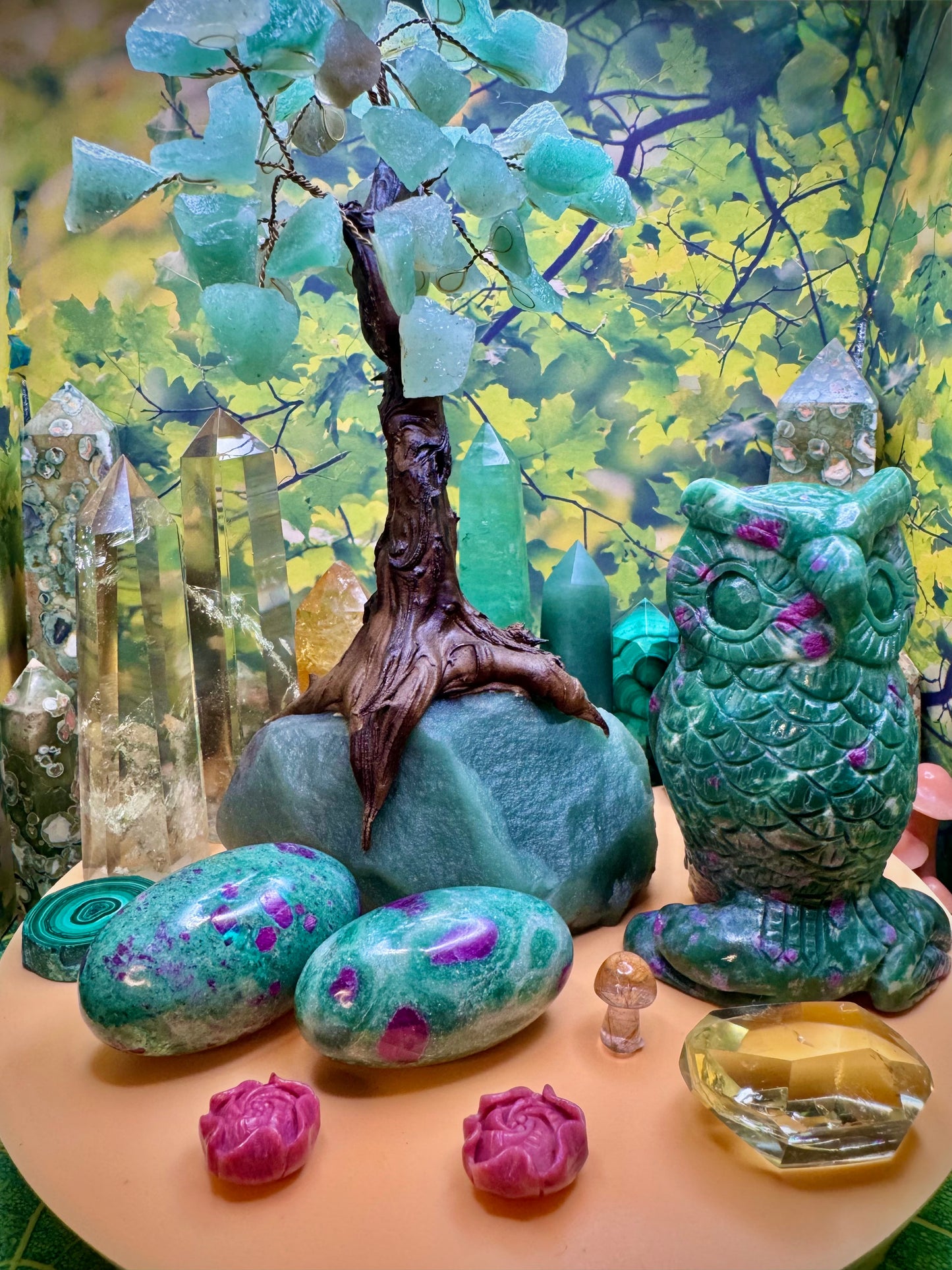 Ruby Fuchsite Owl Carving