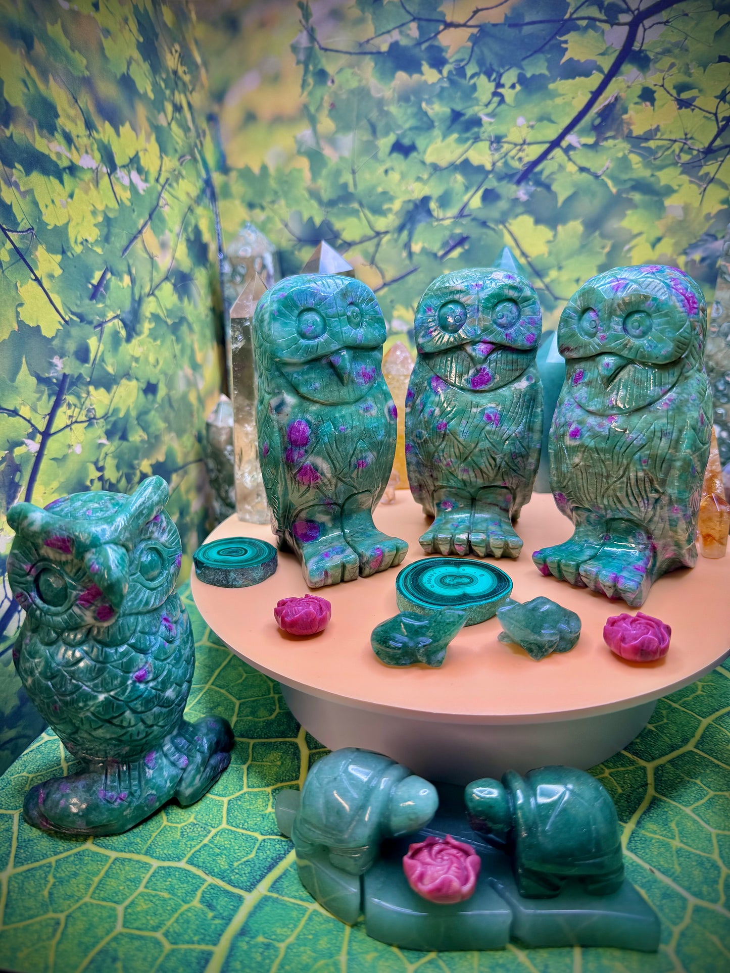 Ruby Fuchsite Owl Carving