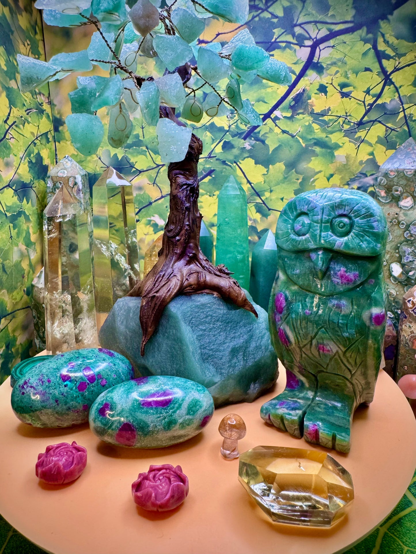 Ruby Fuchsite Owl Carving