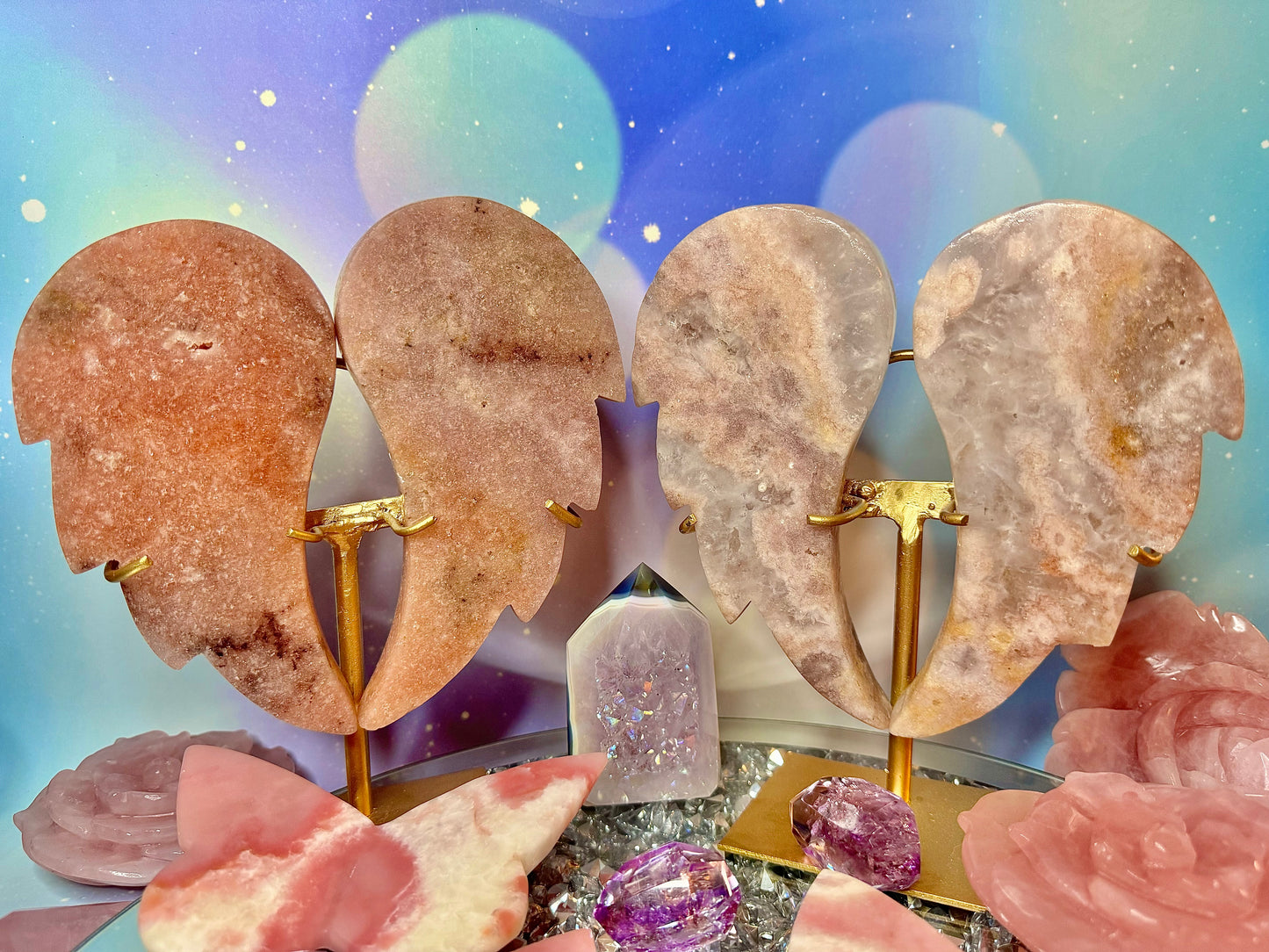 Pink Amethyst Angel Wings on Stand