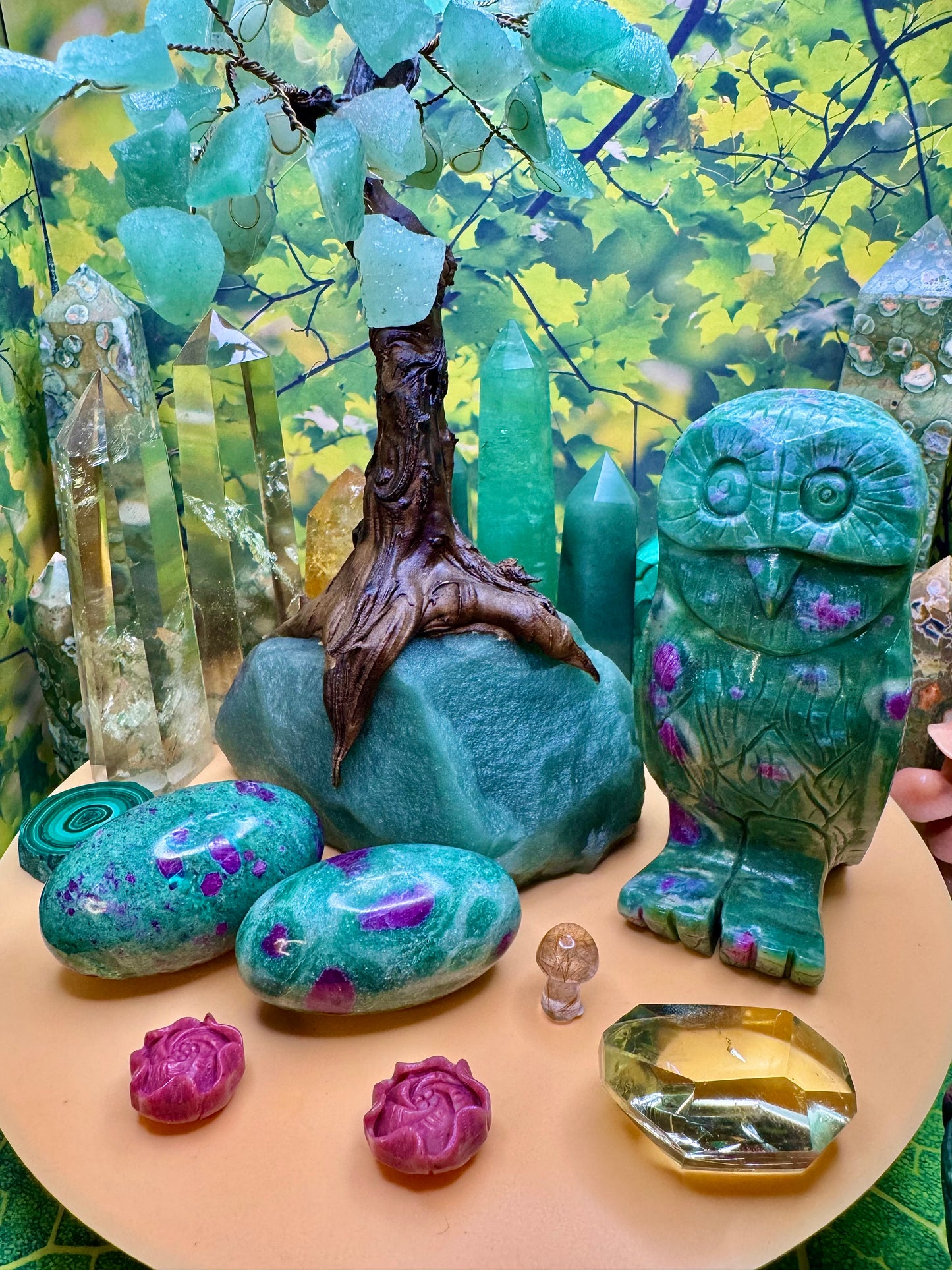 Ruby Fuchsite Owl Carving