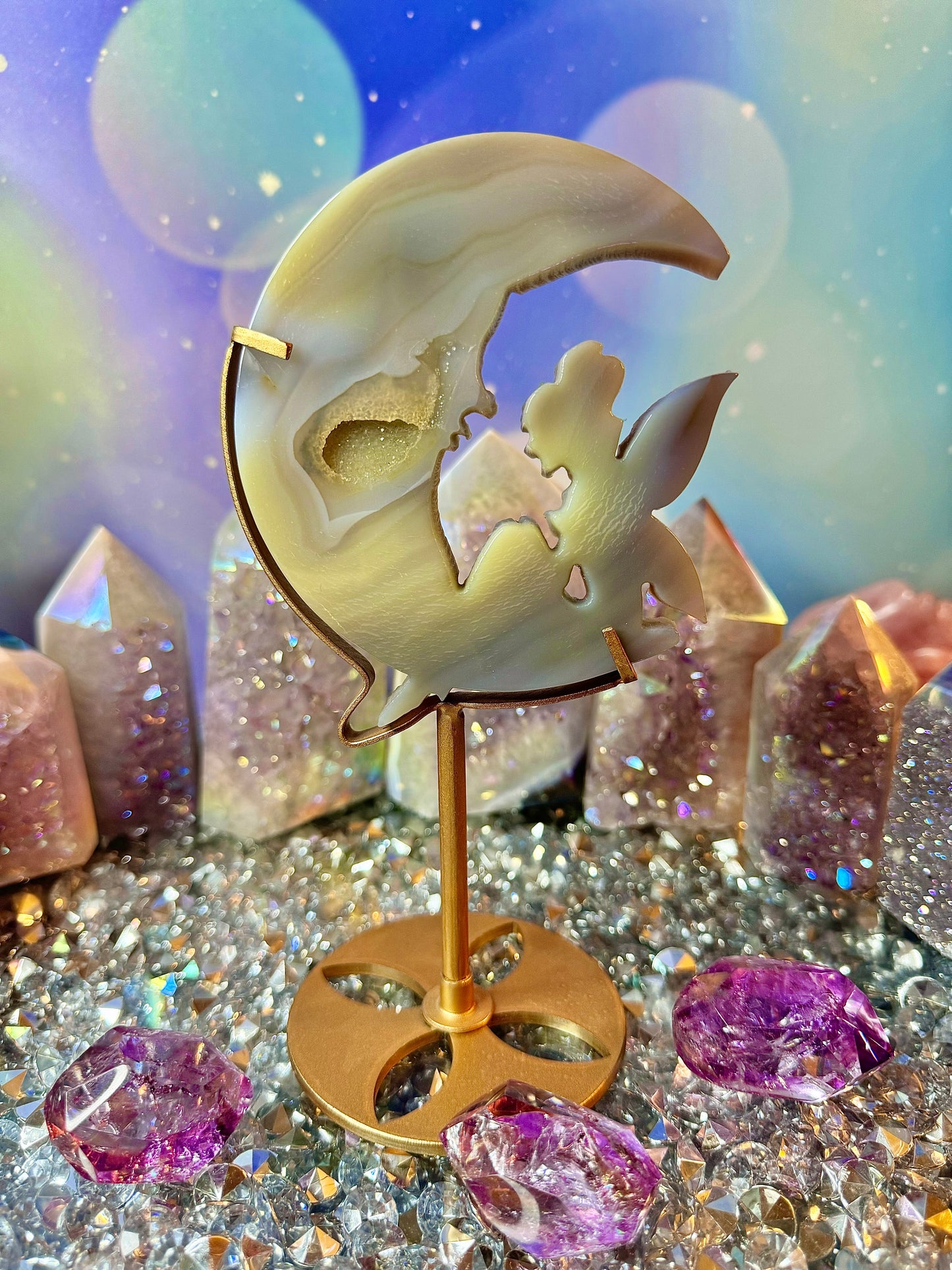 Agate Fairy 🧚 on Crescent 🌙 Moon with Stand