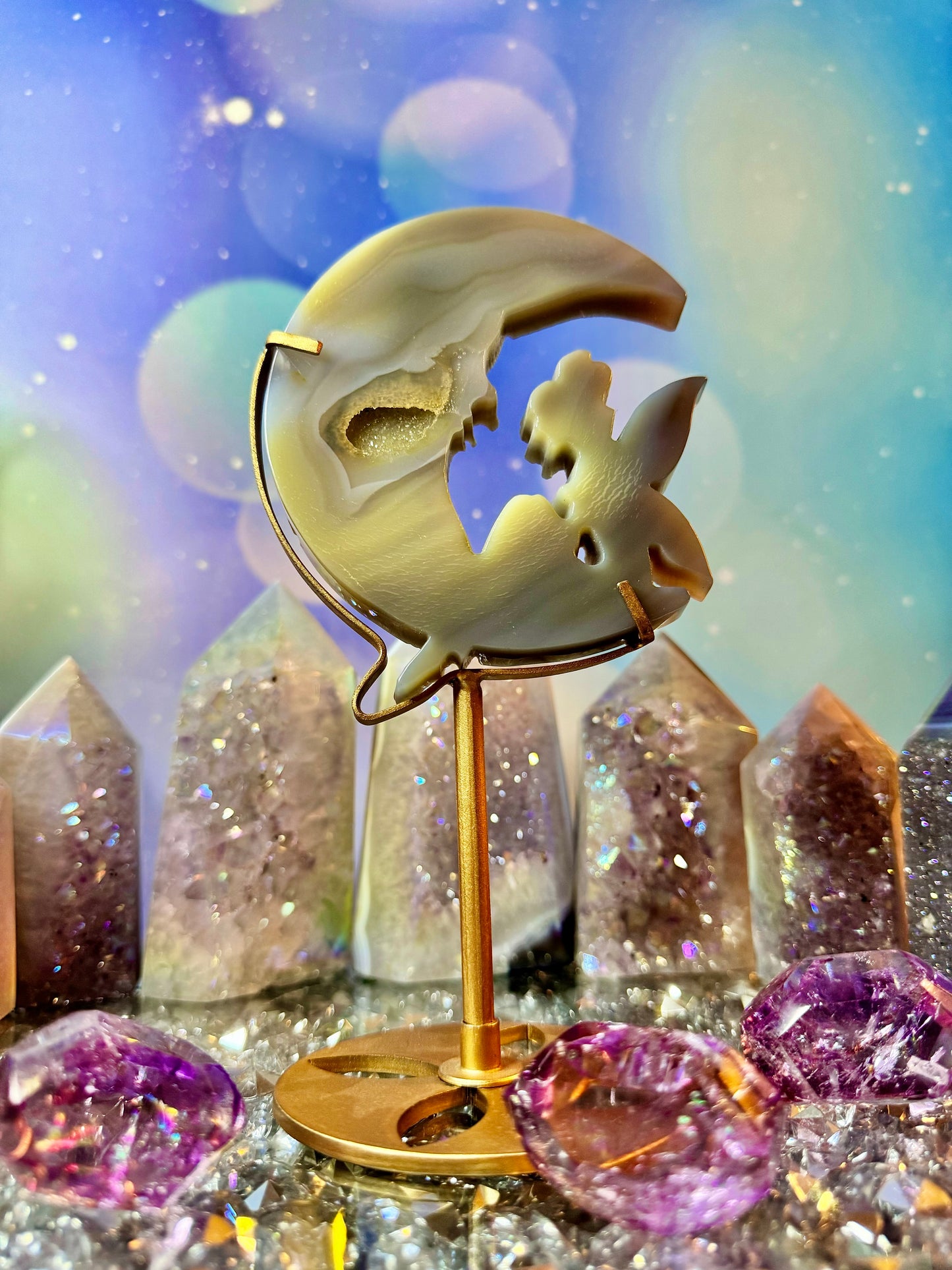 Agate Fairy 🧚 on Crescent 🌙 Moon with Stand