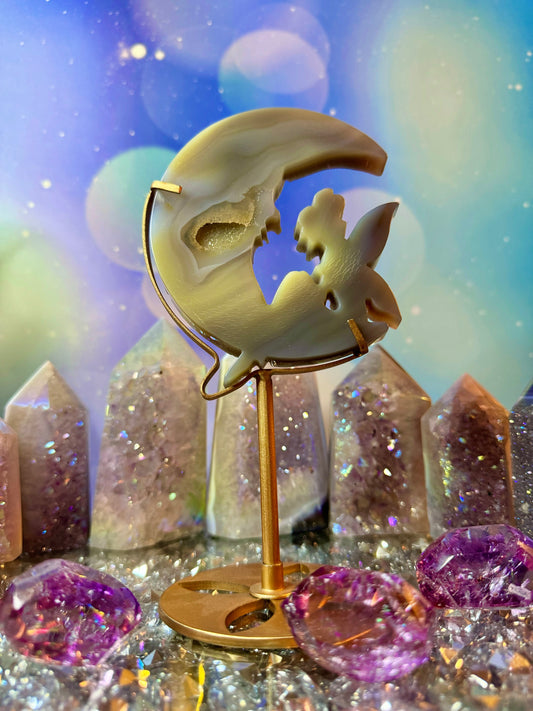 Agate Fairy 🧚 on Crescent 🌙 Moon with Stand