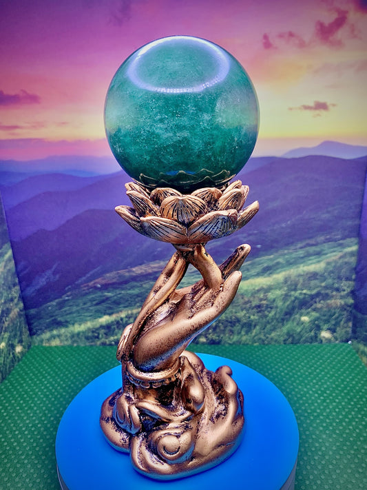 Golden Resin Lotus & Hand Sphere Stand