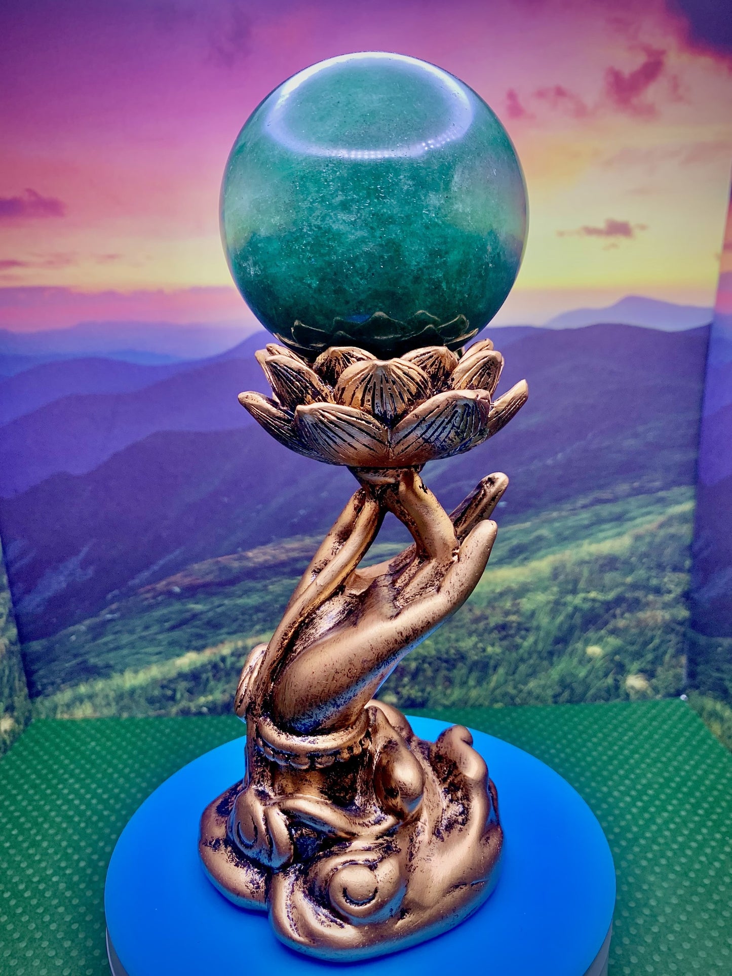 Golden Resin Lotus & Hand Sphere Stand