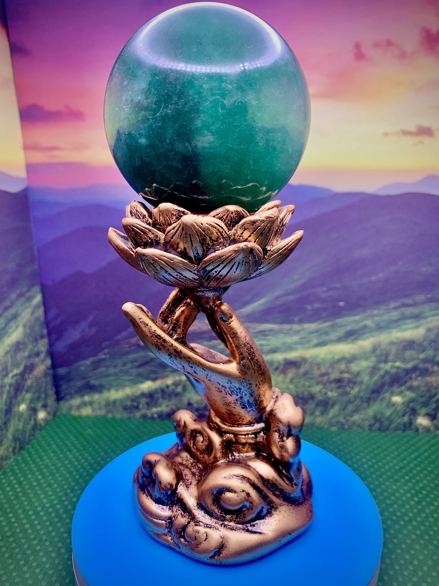 Golden Resin Lotus & Hand Sphere Stand