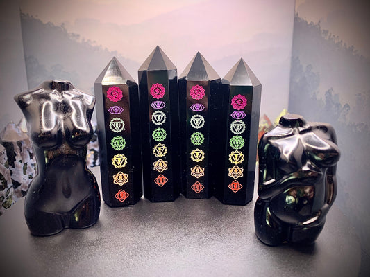 Black Obsidian Tower with Chakra Symbols